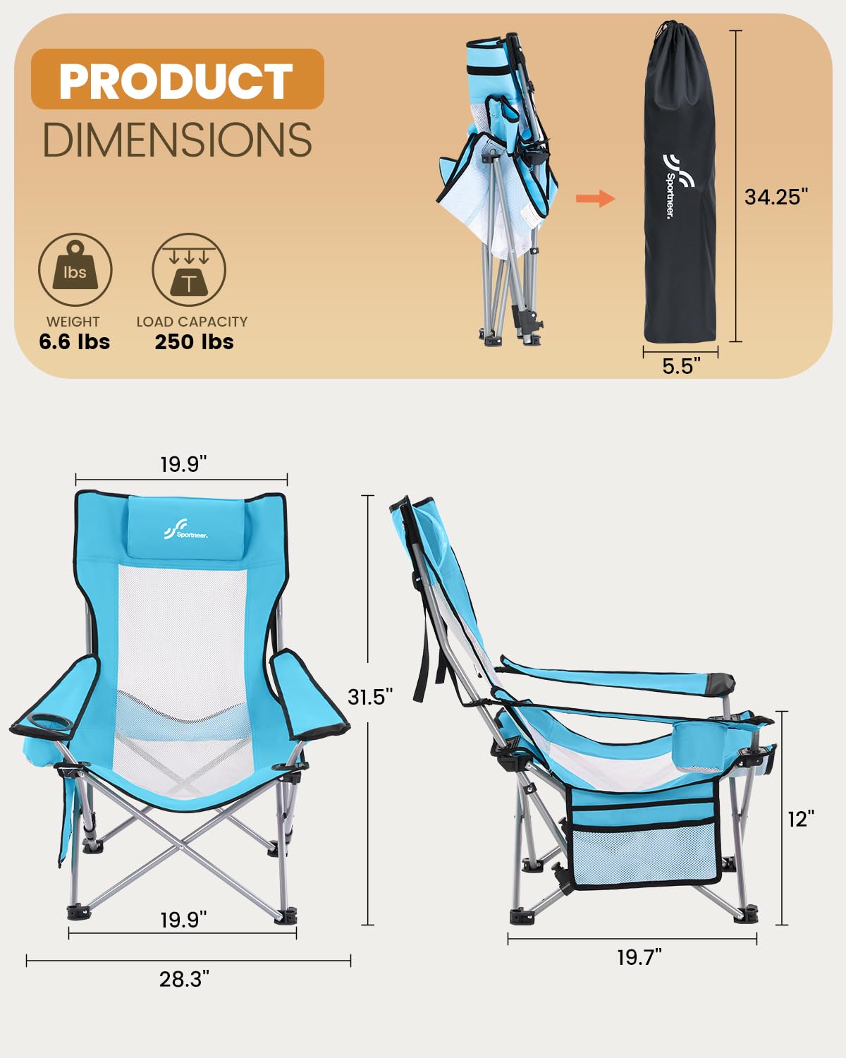 Sportneer 2 Pack Adjustable Folding Beach Chairs with Cup Holder & Side Pocket - Portable Reclining Camping Chairs for Adults, Compact Outdoor Chairs for Beach, Picnic, Backyard & Travel (Blue)