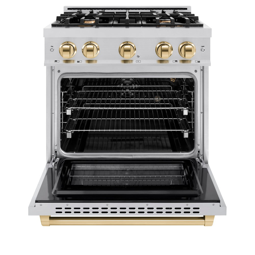ZLINE Autograph Edition 30 Inch 4.2 cu ft Gas Range with 4 Burner Cooktop & Convection Oven - Stainless Steel with Polished Gold Accents (HGRZ 30 G) - Perfect for Modern Kitchens & Professional Cooking