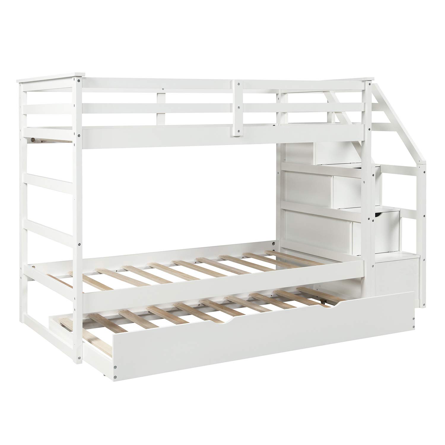 P PURLOVE Twin Over Twin Bunk Bed with Trundle - Solid Wood Stairway Bunk Bed Frame with Stairs & Storage - Full Length Guardrail for Kids, Teens & Guest Rooms - Space Saving Bedroom Furniture (White) - Perfect for Small Spaces, Shared Rooms & Vacation Homes