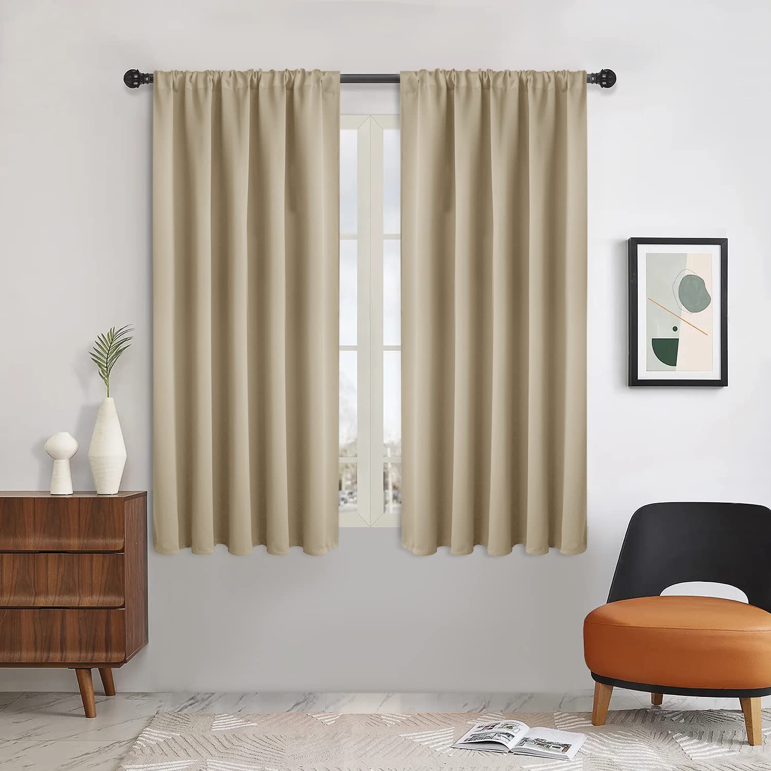 WONTEX 4PCS Blackout Curtains for Small Windows - Thermal Insulated Energy Saving Light Blocking Rod Pocket Curtain Panels 52 x 45 Inch Beige - Perfect for Kitchen, Bedroom & Home Office Privacy & Sun Protection