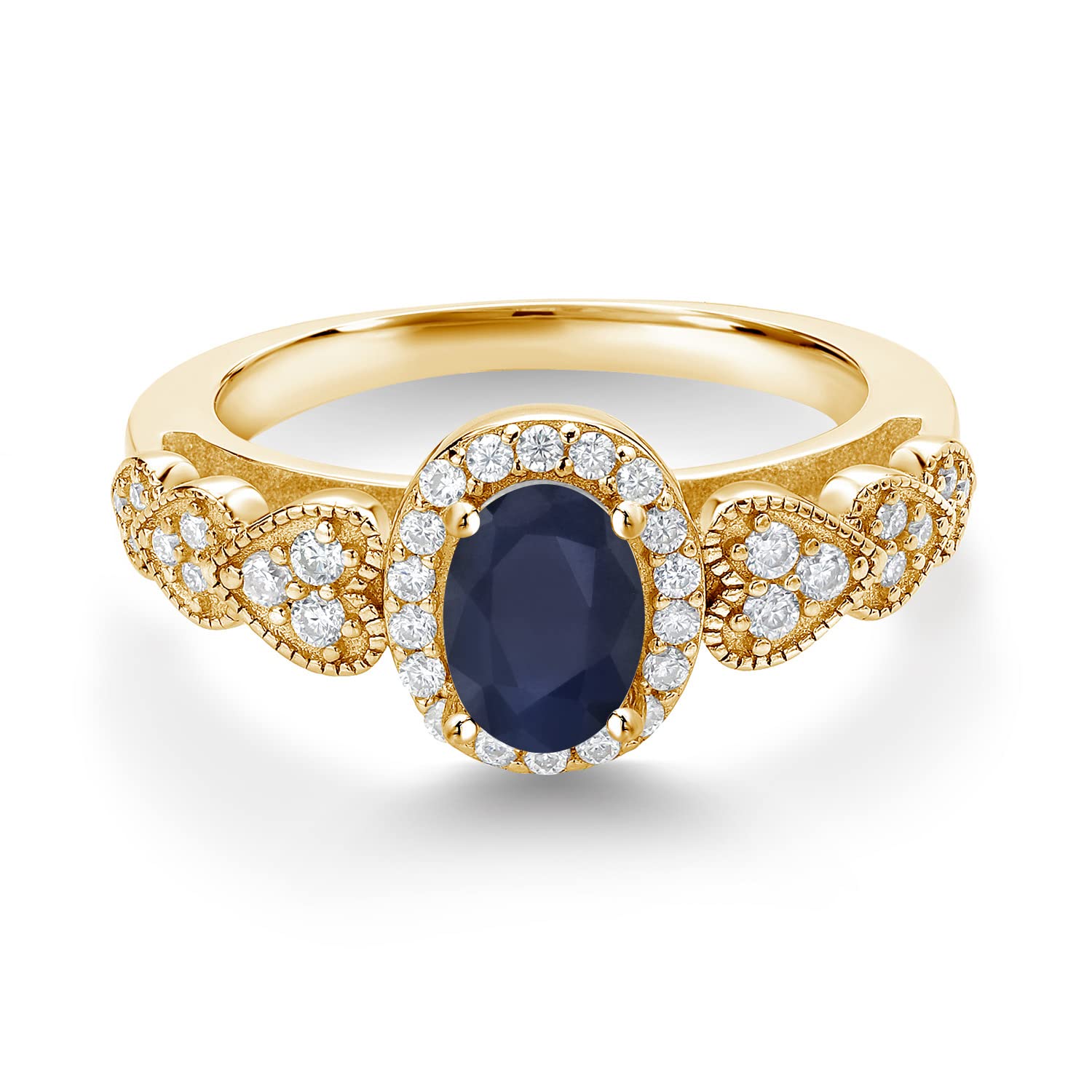 Gem Stone King 18K Yellow Gold Plated Silver Heart Design Ring with Oval Sapphire & Moissanite (1.18 Cttw) - Elegant Jewelry Gift for Women, Perfect for Valentine's Day, Anniversary & Romantic Occasions