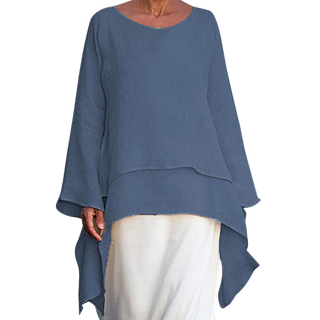 Women's Cotton Linen Long Sleeve T-Shirts - Boho Beach Tunic Blouse with Asymmetrical High-Low Hem - Plus Size Casual Top for Summer, Travel & Layering