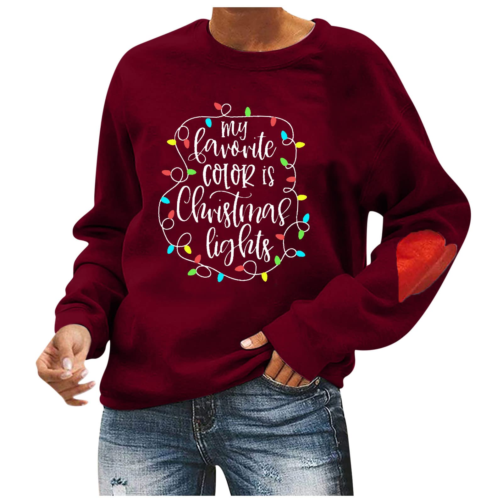 Women's Loose Casual Christmas Print Sweatshirt - Long Sleeve Round Neck Heart Pattern Warm Fashion Top for Ladies | Cozy Holiday Outfit, Winter Layering, Casual Everyday Wear