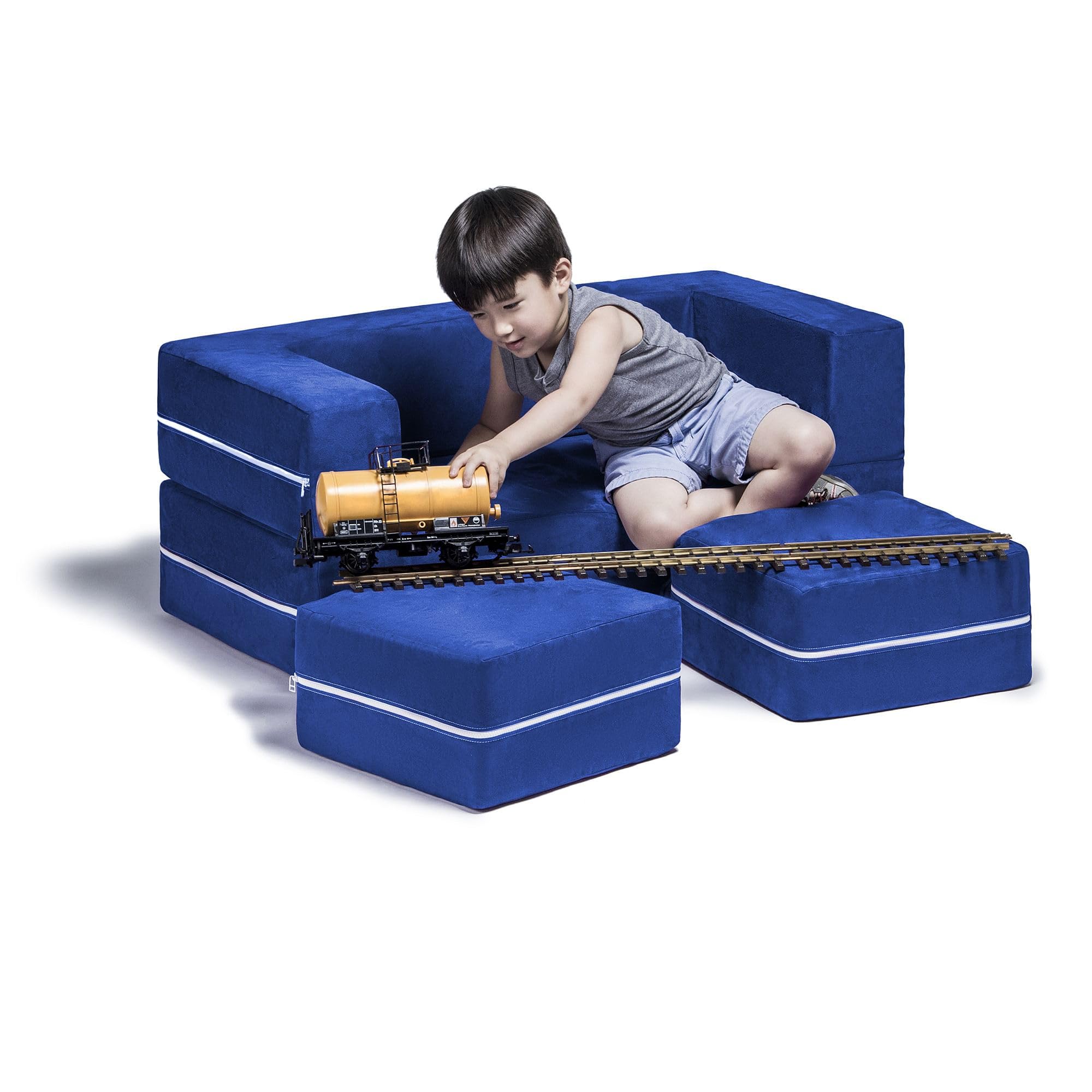 Jaxx Zipline Kids Modular Loveseat & Ottomans with Fold Out Lounger - Blueberry Blue - Convertible Playroom Furniture for Toddlers & Children - Perfect for Playrooms, Bedrooms & Daycare Centers