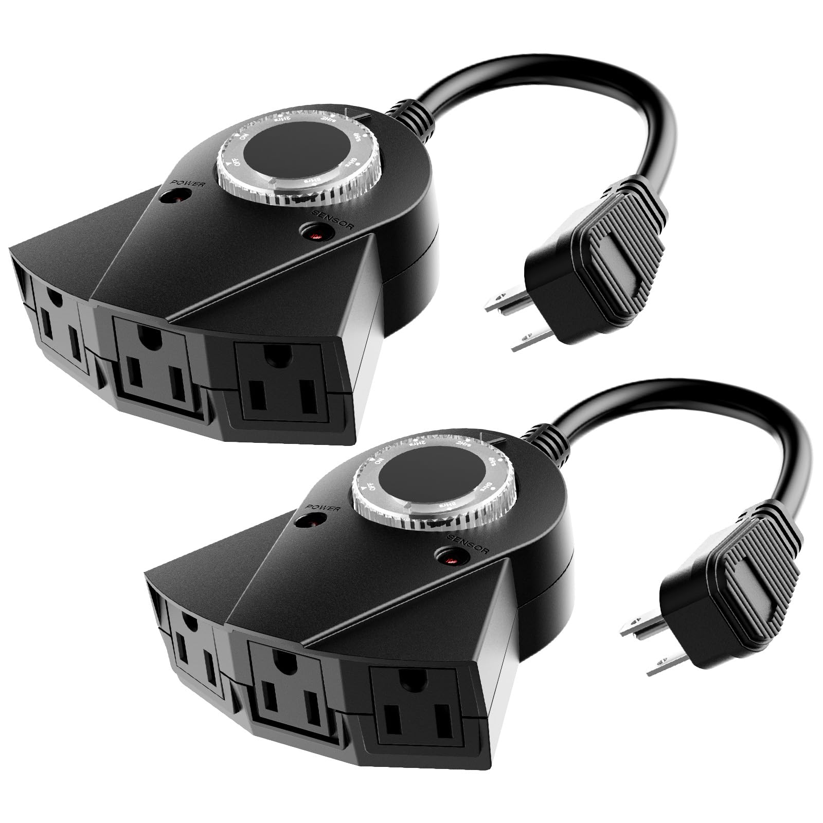 Outdoor Light Sensor Timer - 24 Hour Heavy Duty Waterproof Electrical Outlet Timer with 2/4/6/8 Hour Countdown Mode, 3 Grounded Outlets for Garden, Backyard & Home Use (2 Pack) - Perfect for Landscape Lighting, Holiday Decorations & Automatic Irrigation Systems