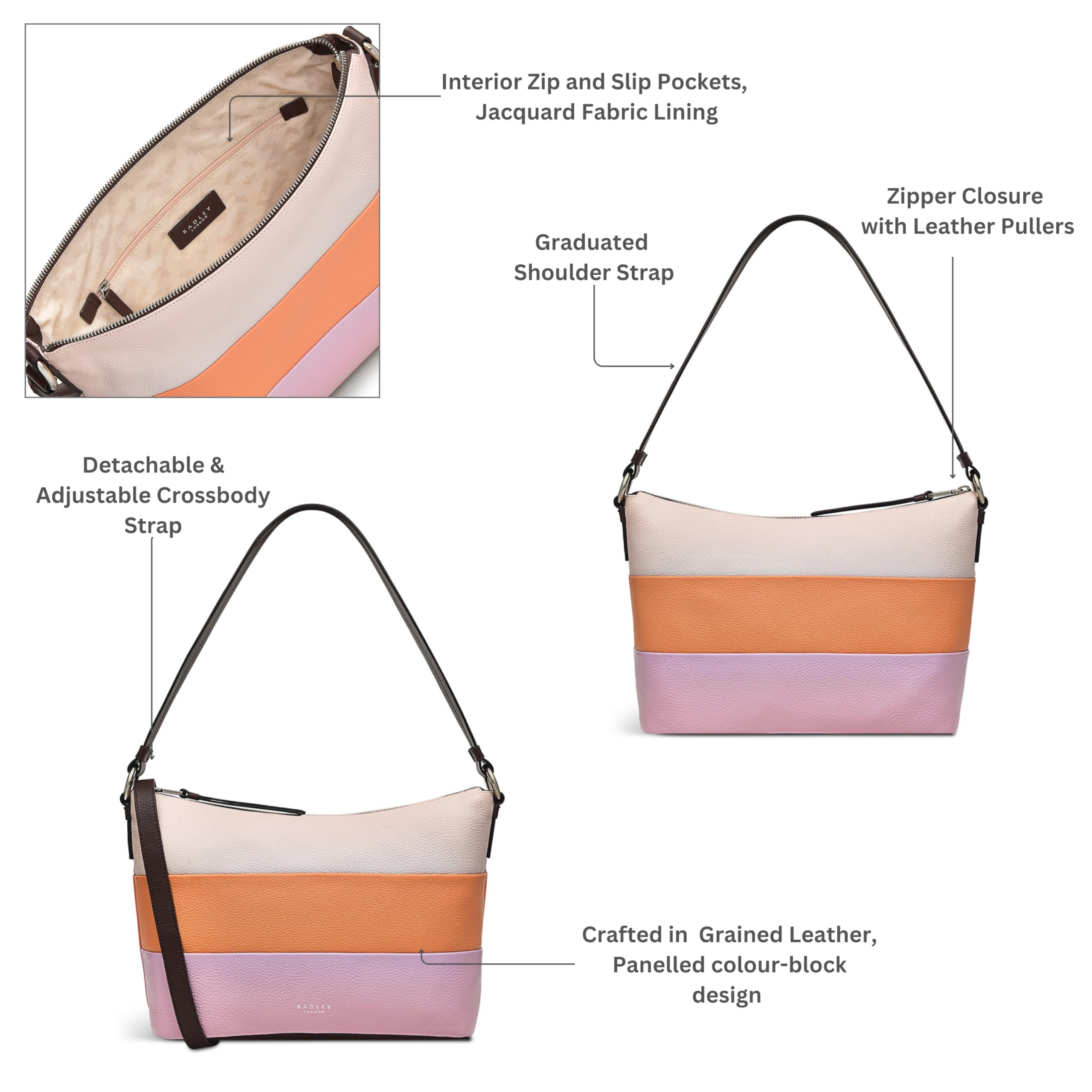 RADLEY London Lyme Terrace Stripe Women's Medium Leather Shoulder Bag - Clay Pink Crossbody Purse for Work, Travel & Everyday Use