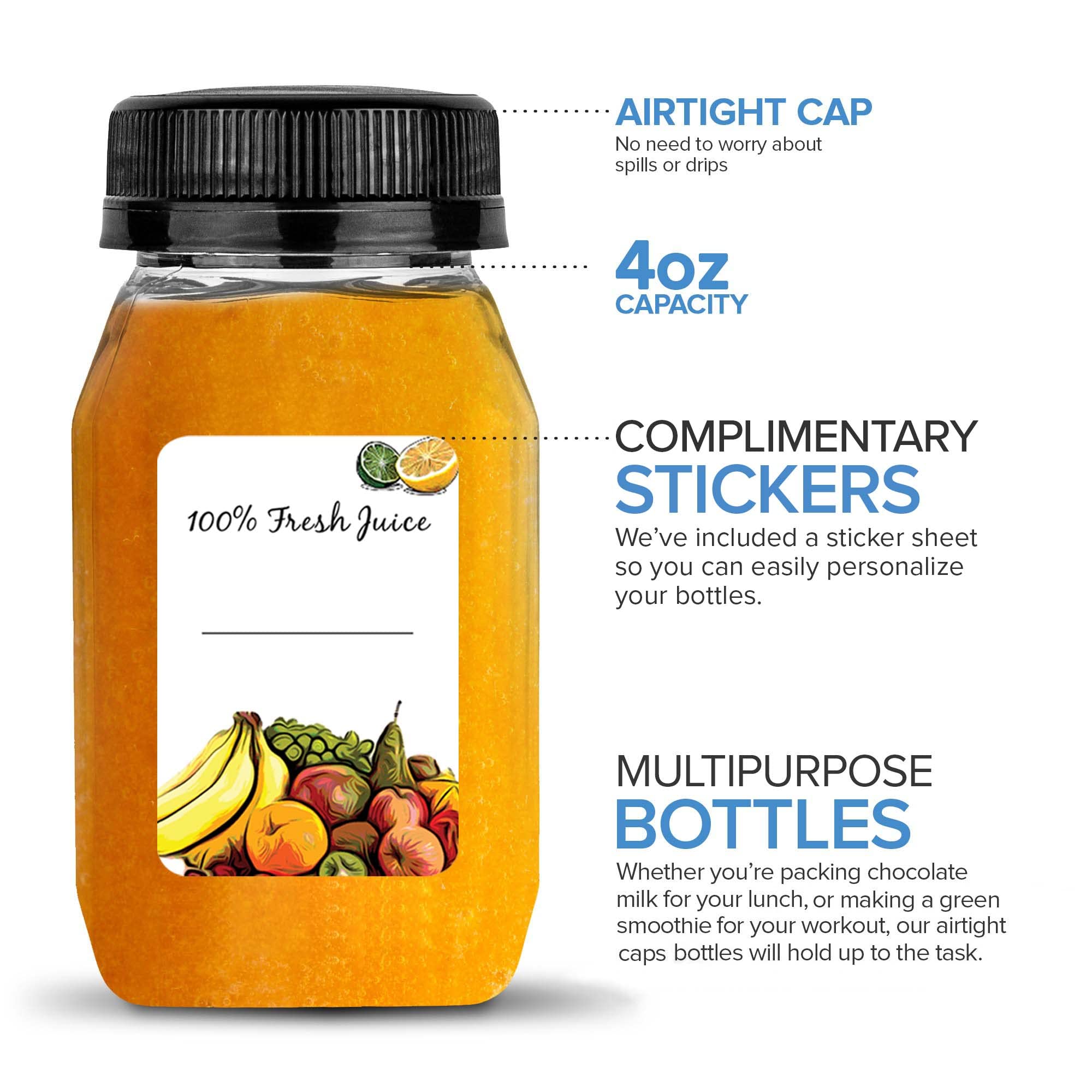 Stock Your Home 4oz Mini Bottles for Mini Fridge - Reusable Juice Containers with Black Caps - Small Plastic Bottles for Liquids, Lunch Box & Juicing - Clear Empty Containers with Lids (12 Pack) - Perfect for Meal Prep, Office Snacks & Travel Essentials