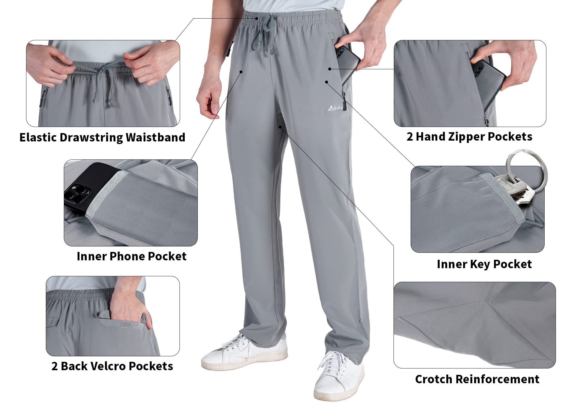 Men's Lightweight Elastic Waist Sweatpants with Drawstring & Zipper Pockets - Breathable Athletic Joggers for Hiking, Gym, Travel & Casual Wear