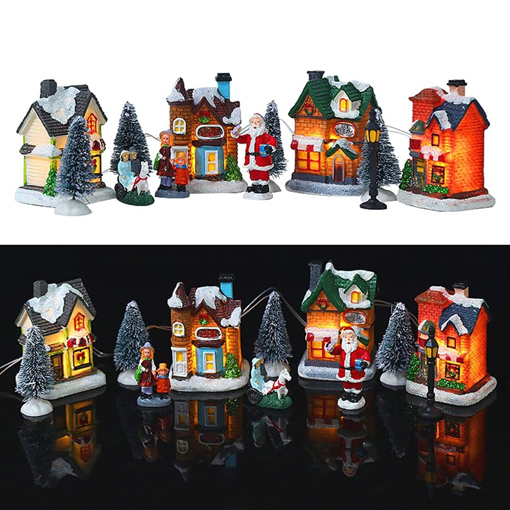 Christmas Village Set with LED Lights - Resin Christmas Town Scene Desktop Ornaments, Holiday Table Centerpiece Decorations for Kids | Perfect for Home, Office & Christmas Party Decor