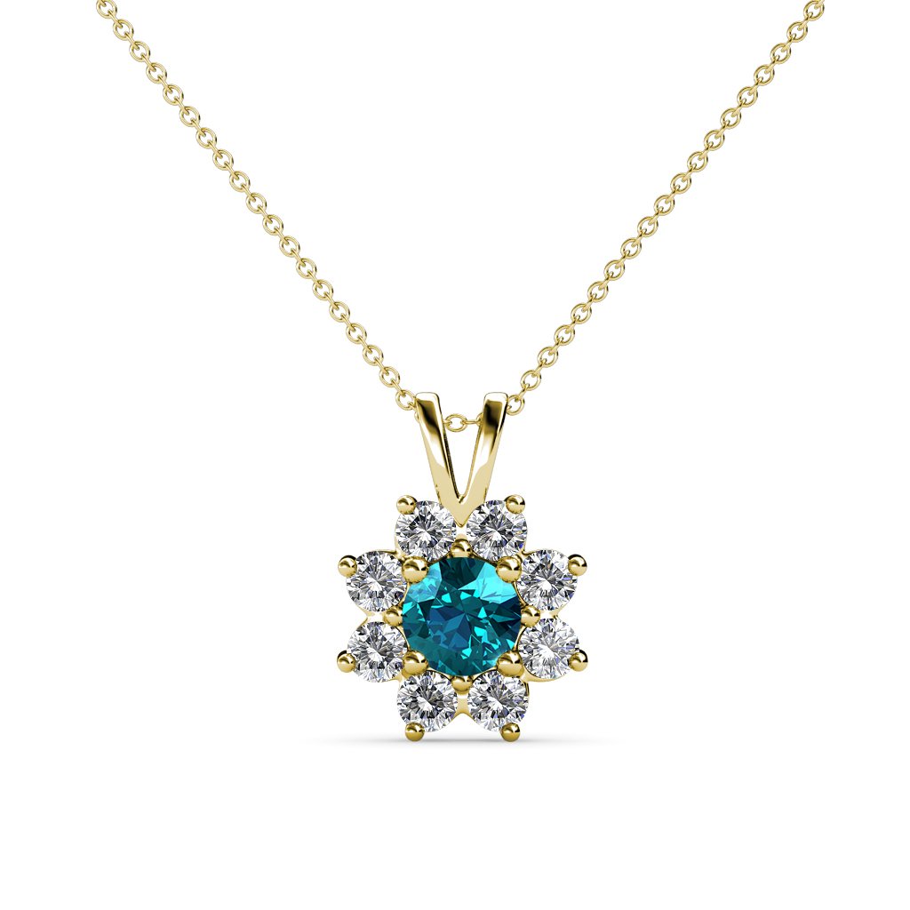 TriJewels 14K Gold London Blue Topaz Floral Halo Pendant Necklace for Women - 1/2 ctw Round Diamond Accents, 18 Inch Chain - Perfect for Weddings, Anniversaries & Special Occasions