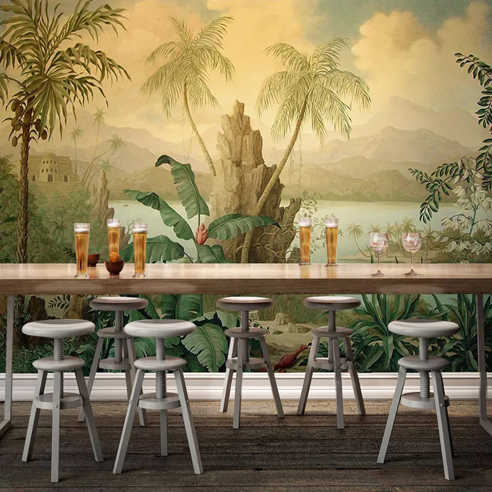 European Style Retro Landscape Oil Painting Wall Mural - Tropical Rainforest Banana Coconut Tree Lake Custom Wallpaper (157.5x110.3 inches WxH) - Perfect for Living Room Sofa Background, Bedroom Accent Wall & Home Decoration