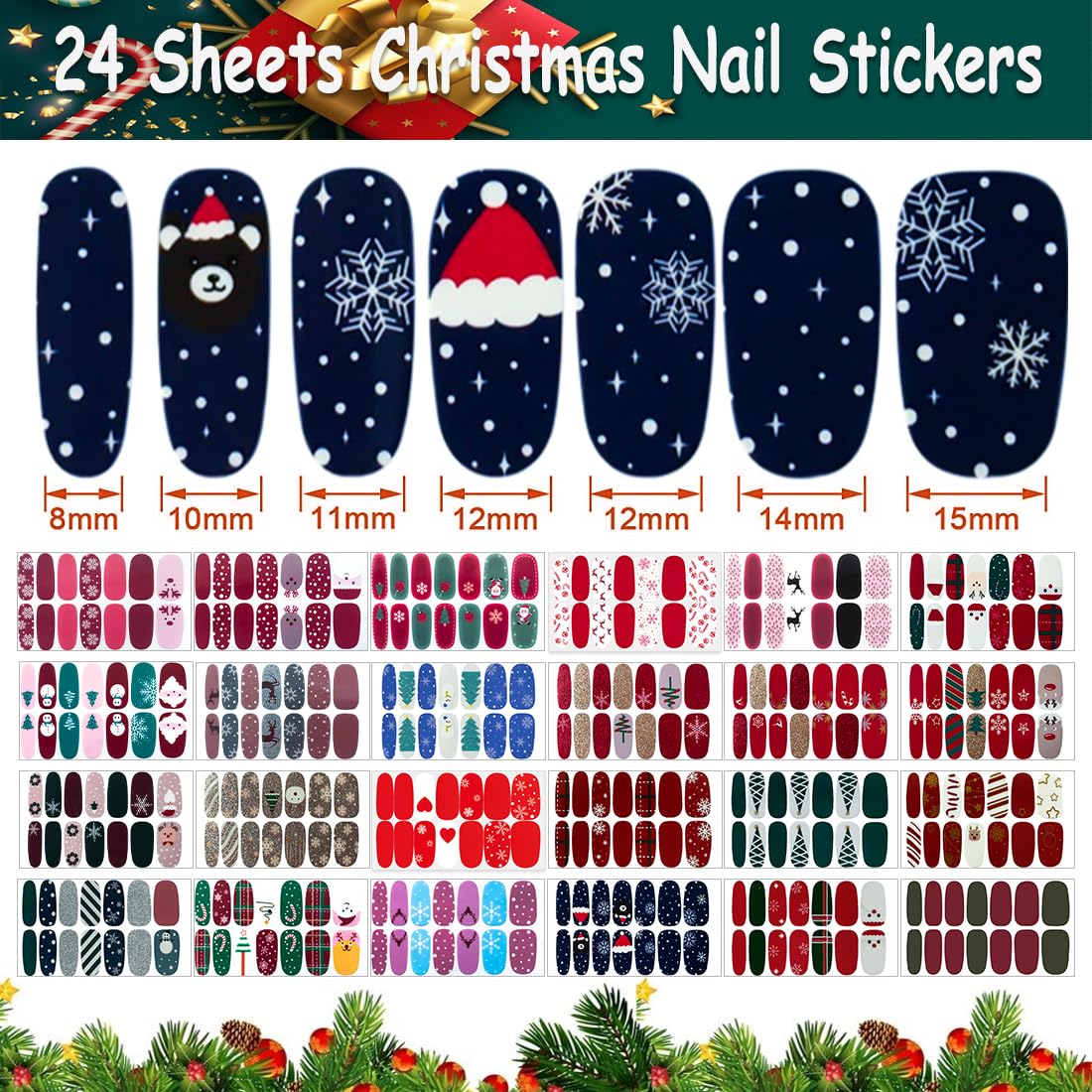 336-Piece Christmas Nail Stickers Set - 24 Sheets Full Nail Wraps with Adhesive, Nail Art Decals & Polish Strips for Women (Includes Nail File & Cuticle Stick) - Perfect for Holiday Parties, Gift Giving & DIY Manicures