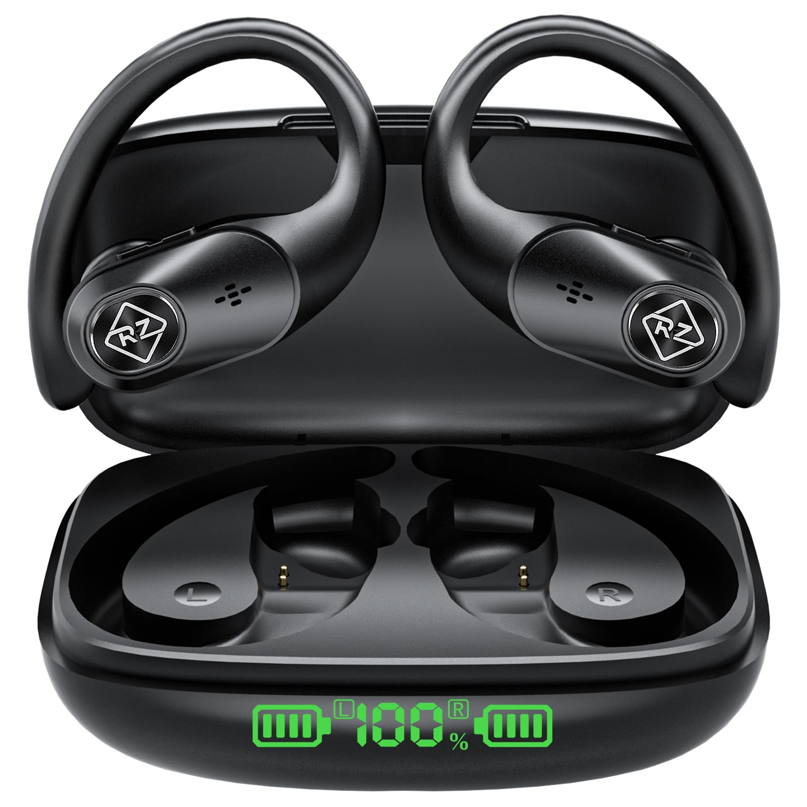 Wireless Bluetooth Earbuds with Charging Case, 96H Playtime, LED Display, Built-in Mic, IPX7 Waterproof, Deep Bass - Sports Earphones for Running, Workout, Gym & TV Watching (Over-Ear Hook Design)