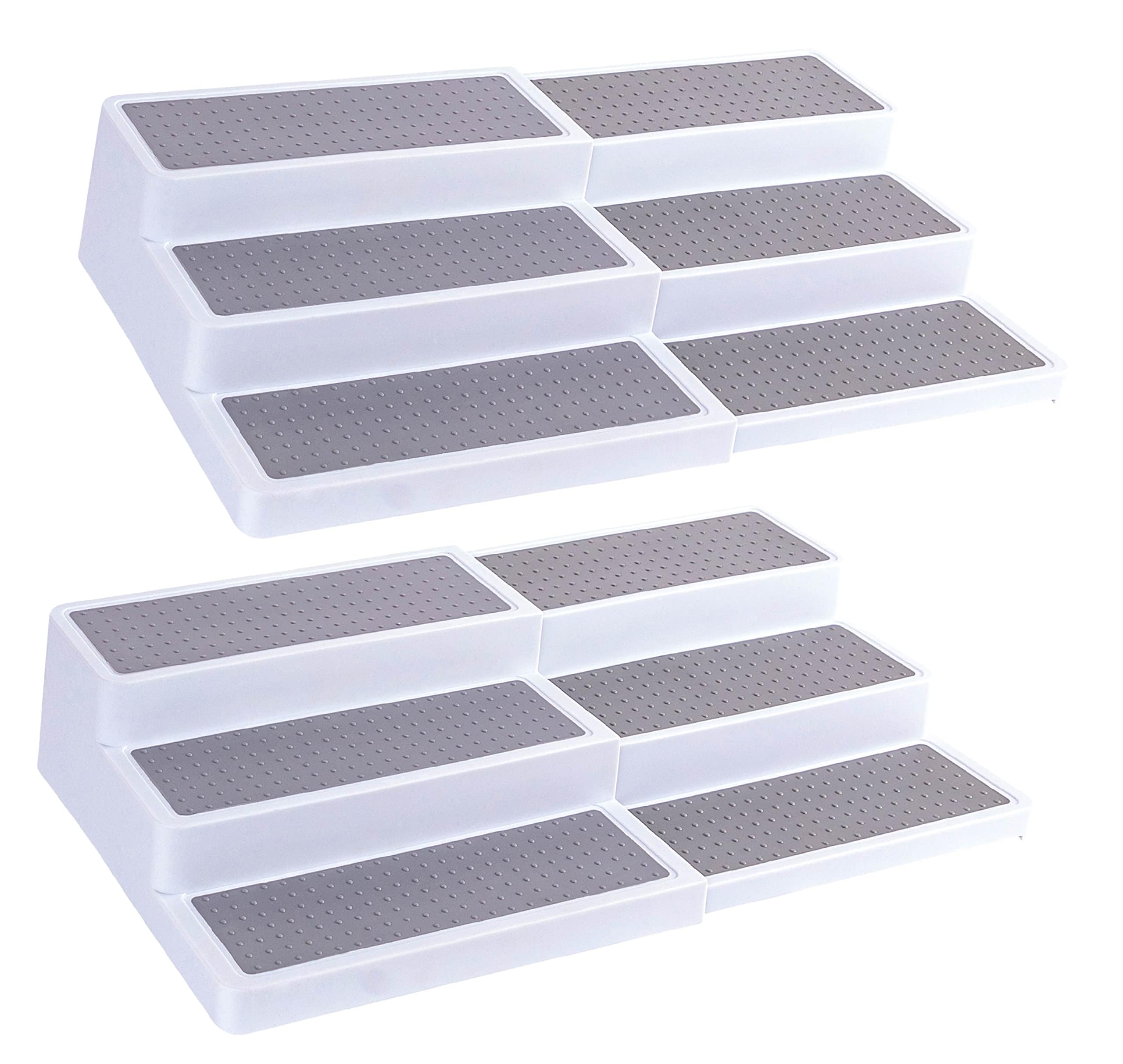 Oizeir 3-Tier Expandable Spice Rack Organizer - Adjustable Length Kitchen Cabinet Shelf with Non-Slip Base for Pantry & Countertop Storage (2-Pack, White/Grey) - Perfect for Small Spaces & Spice Organization