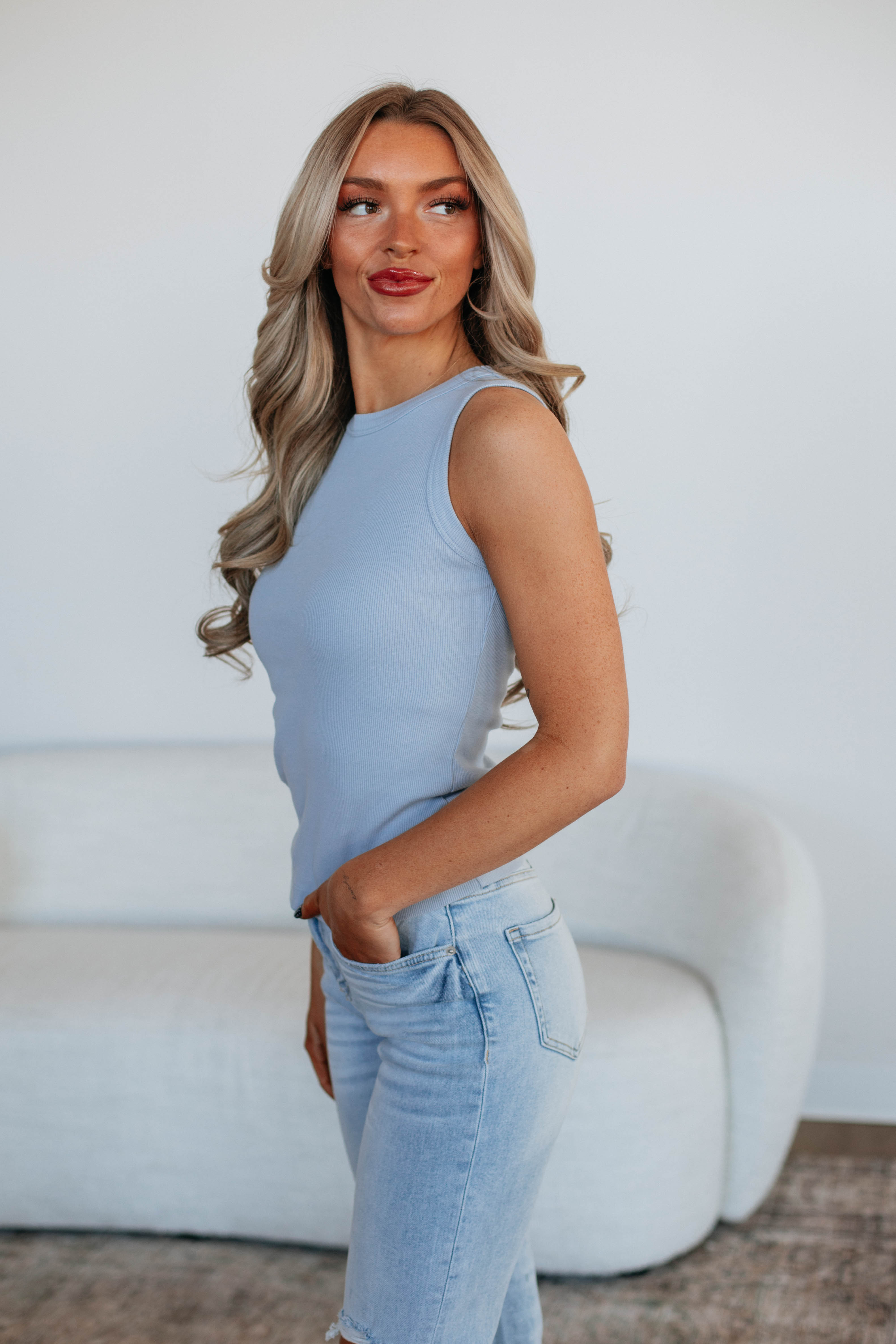 Brighton Ribbed Tank Top for Women - Soft Powder Blue Casual Sleeveless Shirt - Perfect for Summer Outfits, Beach Wear & Layering