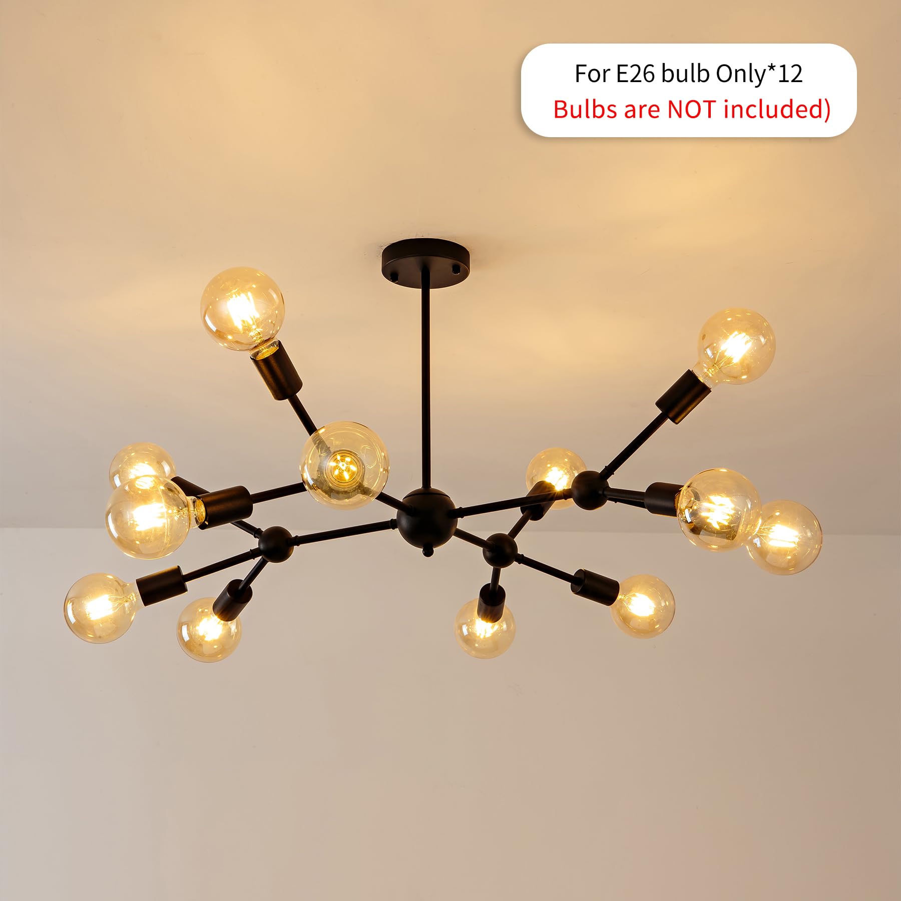 Modern Black Sputnik Chandelier - 12-Light Metal Ceiling Fixture with Pendant Lighting for Bedroom, Living Room, Dining Room | Stylish Mid-Century Lighting for Home & Office Decor