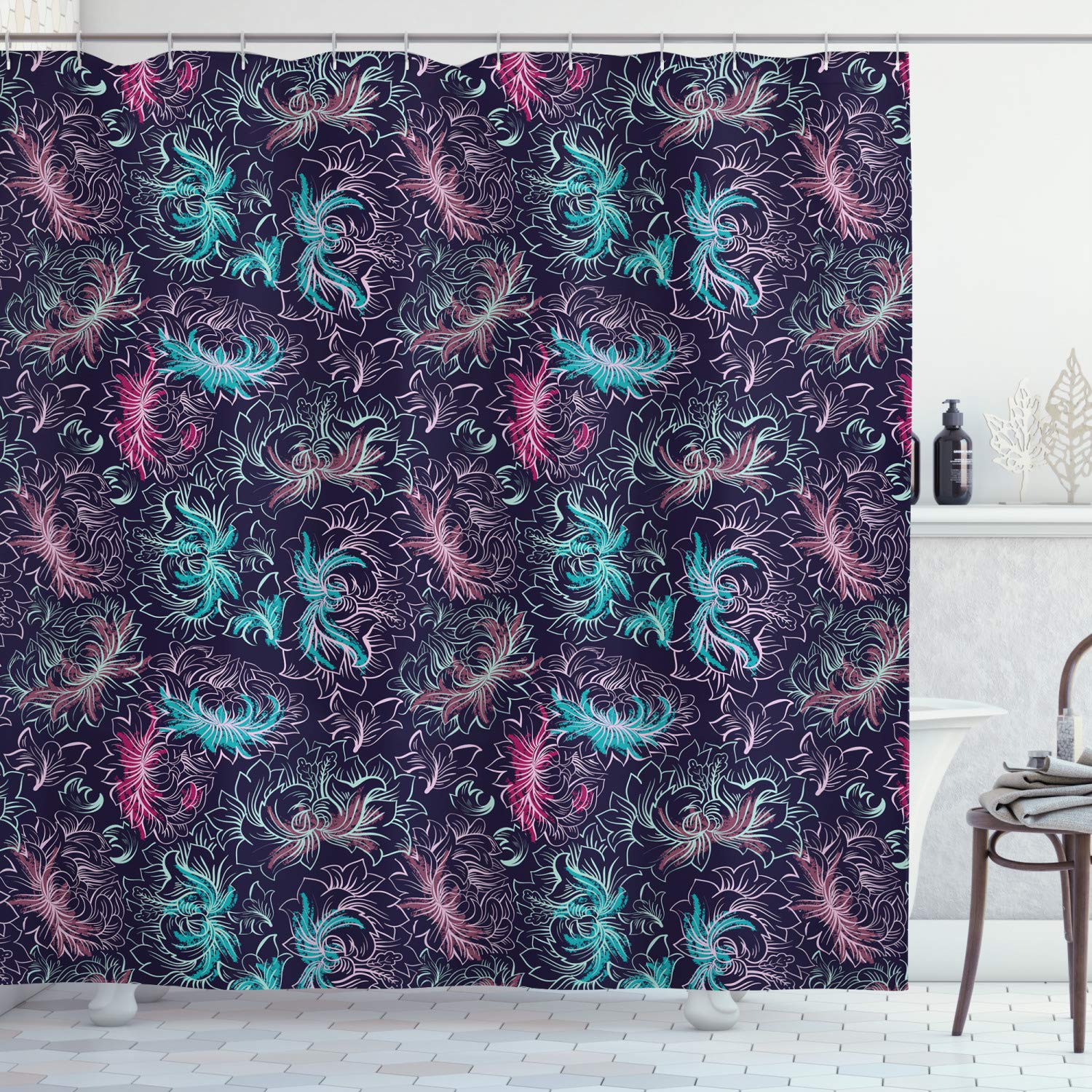 Ambesonne Abstract Floral Shower Curtain - Colorful Summer Flower Design, 69x84 Inch Dark Purple Fabric Bathroom Decor with Hooks - Waterproof & Stylish for Modern Bathrooms, Guest Baths & Spa Retreats
