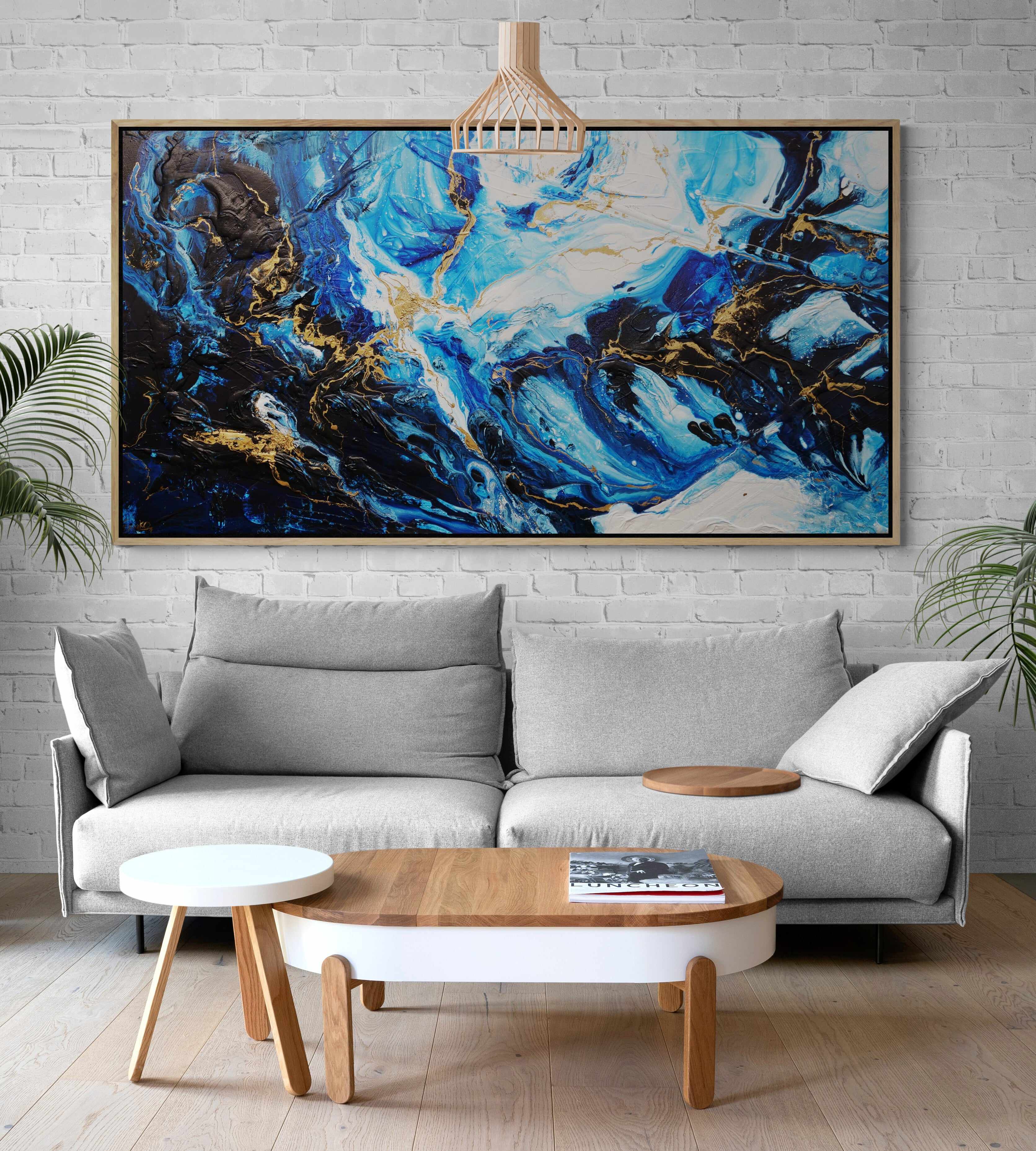 190cm x 100cm Iced Golden Sapphire Blue White Gold Textured Abstract Canvas Painting - Modern Wall Art for Living Room, Bedroom & Office Decor