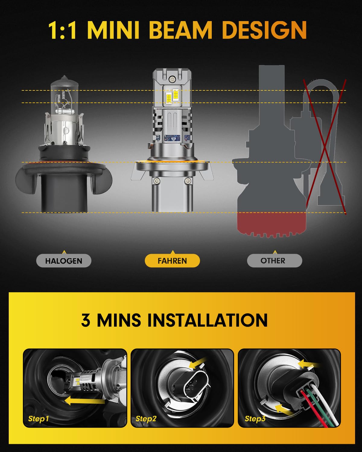 FAHREN H13/9008 LED Bulbs - 10X Brighter 44000LM Ultra Brightness, 6500K Cool White, 1:1 Size, IP68 Waterproof - Perfect for Fog Lights & Off-Road Driving (Pack of 2)