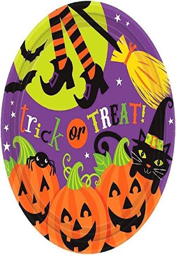 Halloween Trick or Treat Disposable Paper Plates - 7 Inch Round Dessert Plates, Pack of 18 - Perfect for Witch-Themed Parties, Halloween Celebrations, and Spooky Dessert Serving