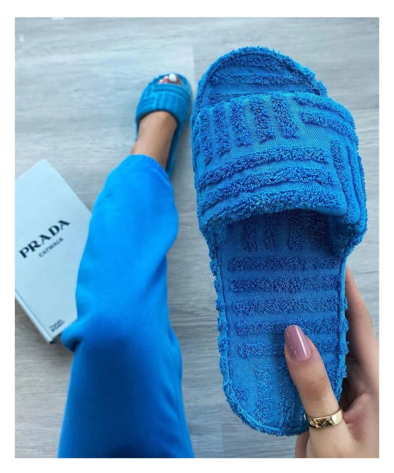 Women's Soft Terry Cloth Open-Toe Slippers - Breathable Cotton Indoor House Shoes for Women - Non-Slip Comfort Slides (Blue, Size 39) - Perfect for Relaxing at Home, Spa Days & Lounging