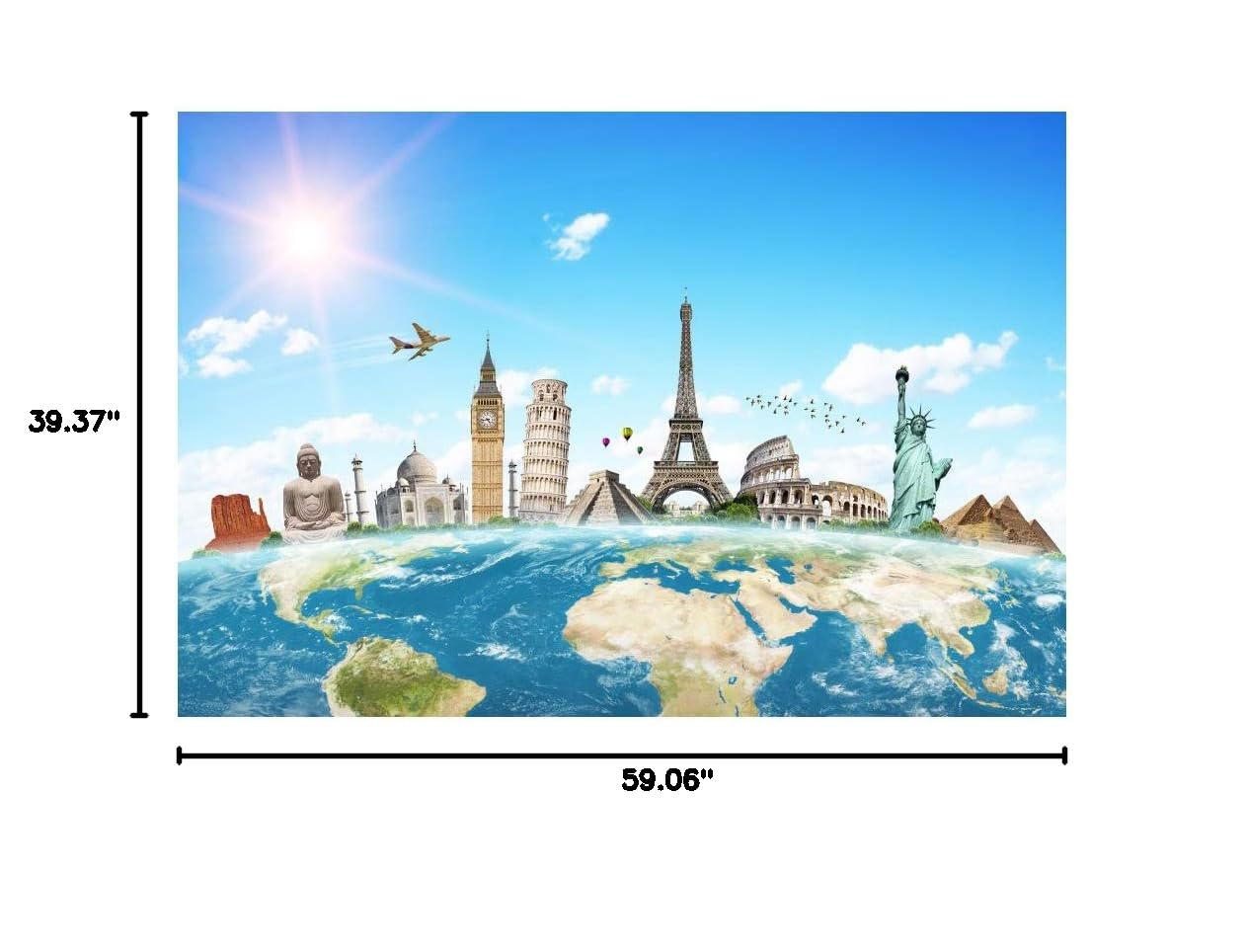 5x3ft World Map Travel Backdrop with Famous Landmarks - Scenic Photography Background for Kids Birthday Party, Baby Shower & Dessert Table Decor - Perfect for Travel-Themed Events and Photo Props