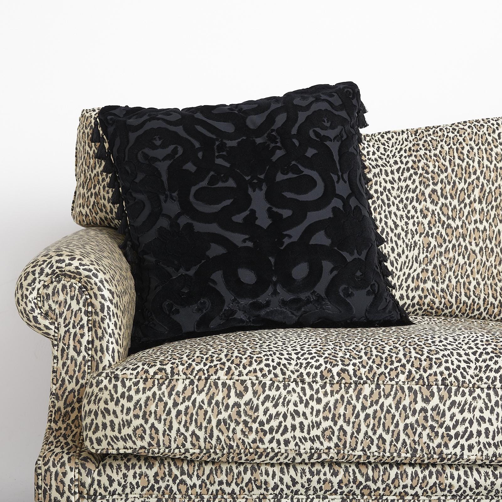 ANACONDA Large Tassel Cut Velvet Cushion Pillow Cover - Noir Black - Luxury Home Decor for Sofa, Bed, Living Room