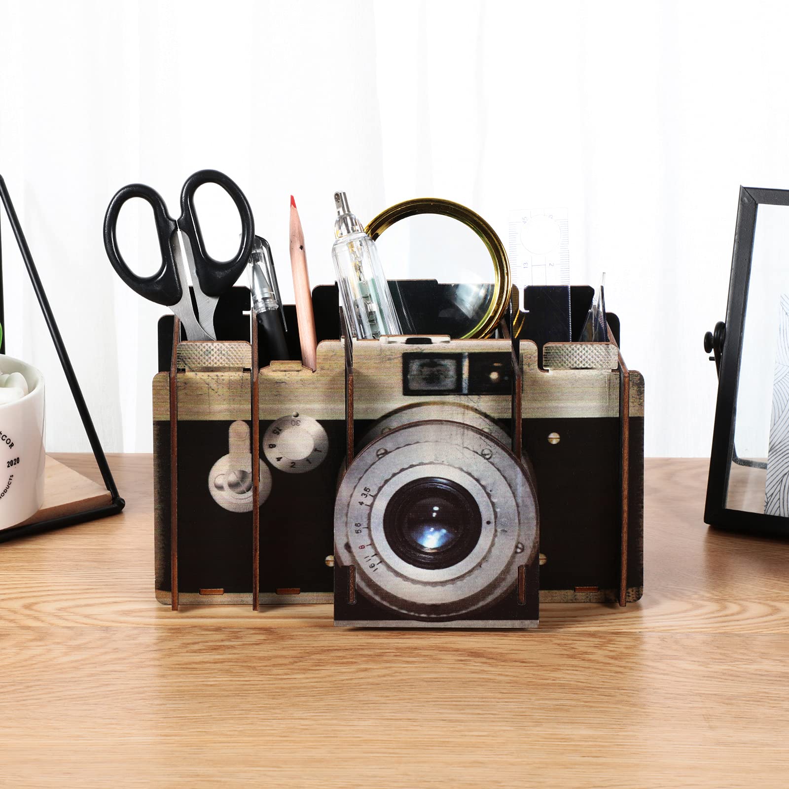 Vintage Camera Pen & Pencil Holder - Spakon Artful Desk Organizer for Office & Home Decor | Cute Modern Stationery Storage | Perfect Christmas Gift for Photographers & Camera Lovers | Great for Workspace, Study Table & Gift Giving