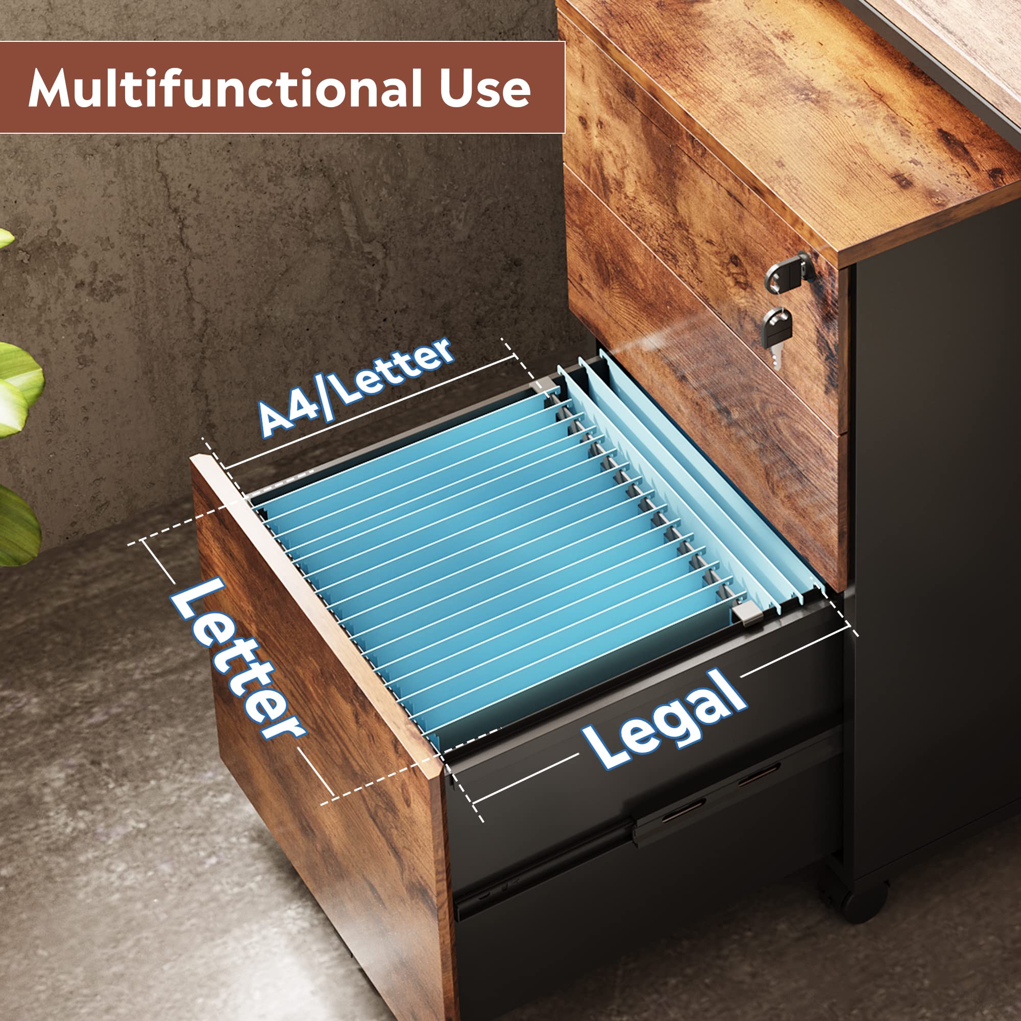 DEVAISE 3-Drawer Rolling File Cabinet with Lock - Wooden Under Desk Storage Organizer for Letter/Legal/A4 Documents - Rustic Brown Home Office Furniture for Small Spaces & Workspaces