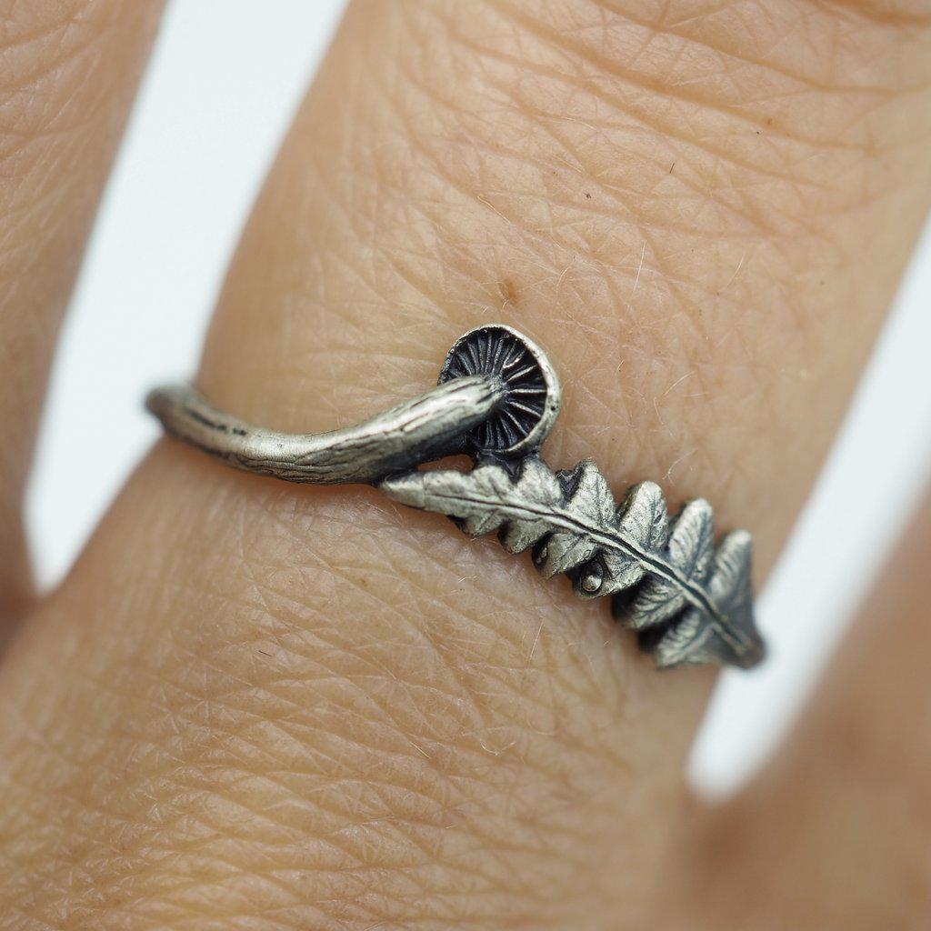 Delicate Tiny Fern and Mushroom Silver Ring - Dainty Botanical Jewelry for Women - Perfect for Nature Lovers, Boho Style, and Everyday Wear