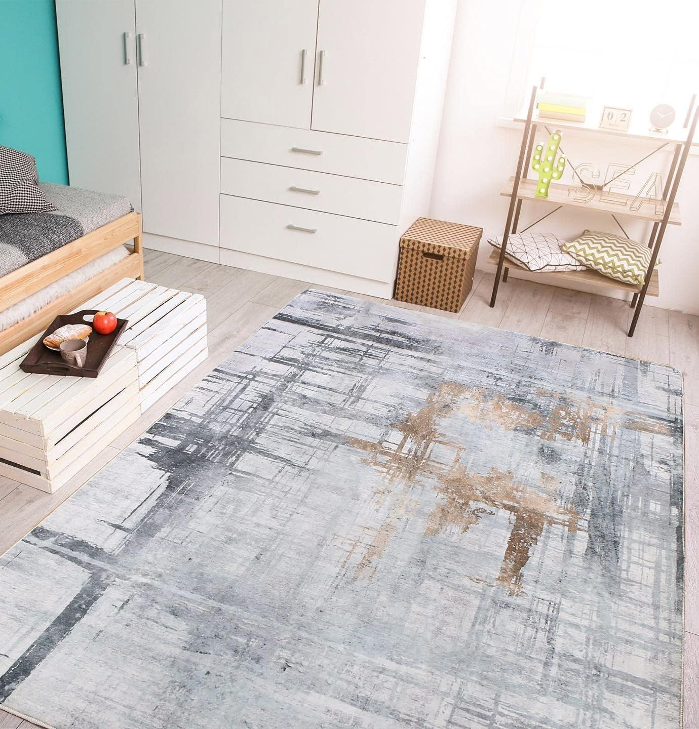 Calore Rugs Modern Soft Abstract Distressed Area Rug - 6.5 x 8.2 ft Medium Pile Carpet for Living Room, Bedroom & Dining Room - Gray/Green/Grey - Cozy Floor Mat for Home Decor & Comfort
