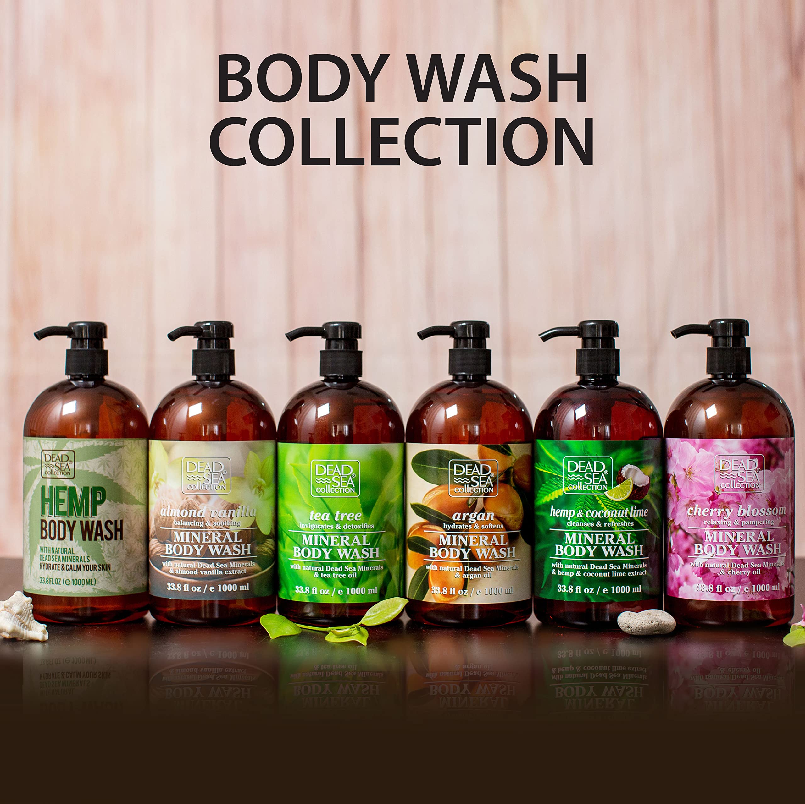 Dead Sea Mineral Body Wash Bundle - Cherry Blossom, Almond Vanilla & Coconut Scent (3 Pack of 2, 67.6 fl oz) - Hydrating & Nourishing Body Wash for Women & Men with Natural Vitamins - Perfect for Shower, Spa & Daily Skincare Routine