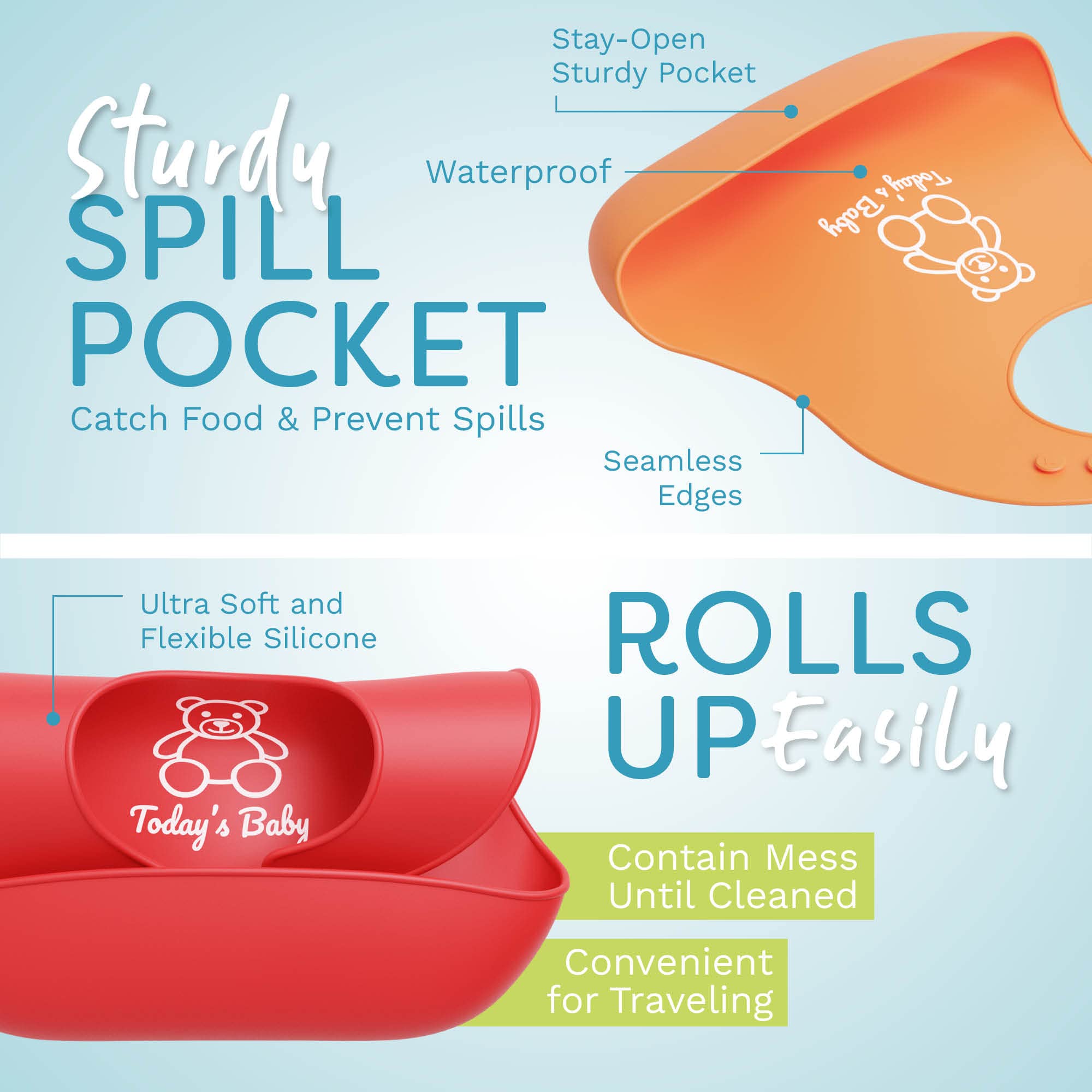 Baby Silicone Bibs with Food Catcher - 2 Pack Unisex for Mealtime