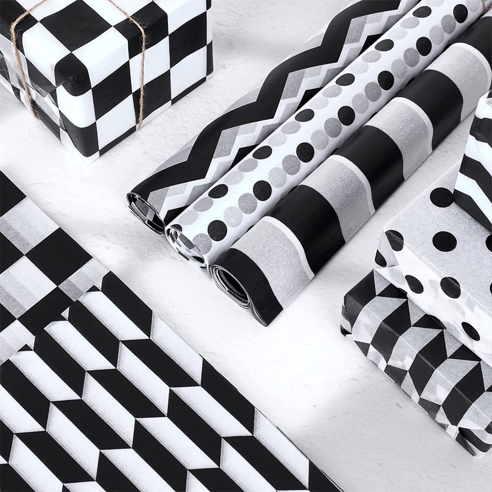 100-Sheet Black & White Plaid Tissue Paper - Star, Stripes, Dots, Checkerboard Patterns (5 Styles) - 14