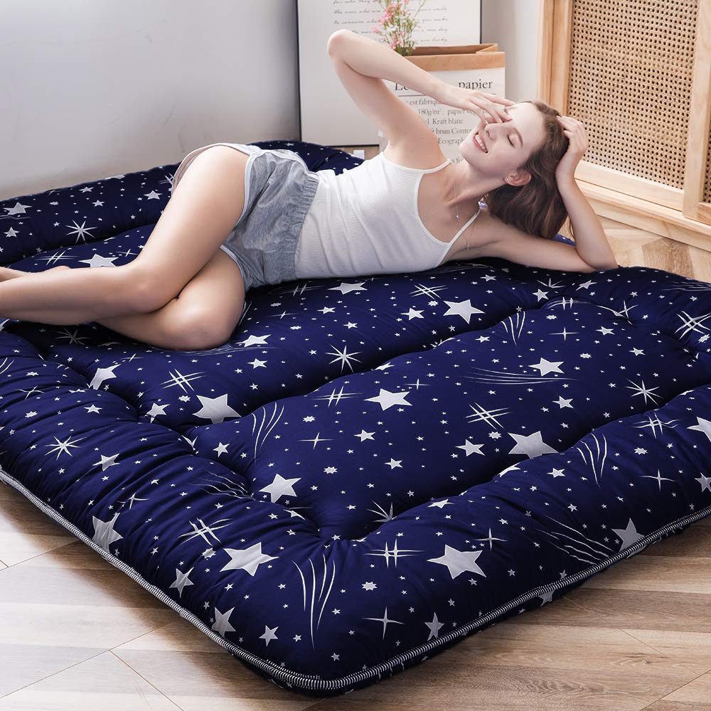 MAXYOYO Navy Starry Sky Japanese Floor Futon Mattress - Foldable Tatami Mat for Camping, Guest Bed & Lounging | Full Size with Washable Cover | Portable Sleeping Pad for Home, Travel & Outdoor Use