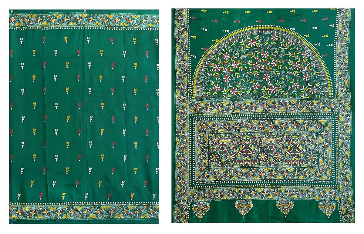 Elegant Cyan Green Pure Silk Saree with Handcrafted Kantha Stitch (RG24) - Perfect for Weddings, Festivals & Special Occasions