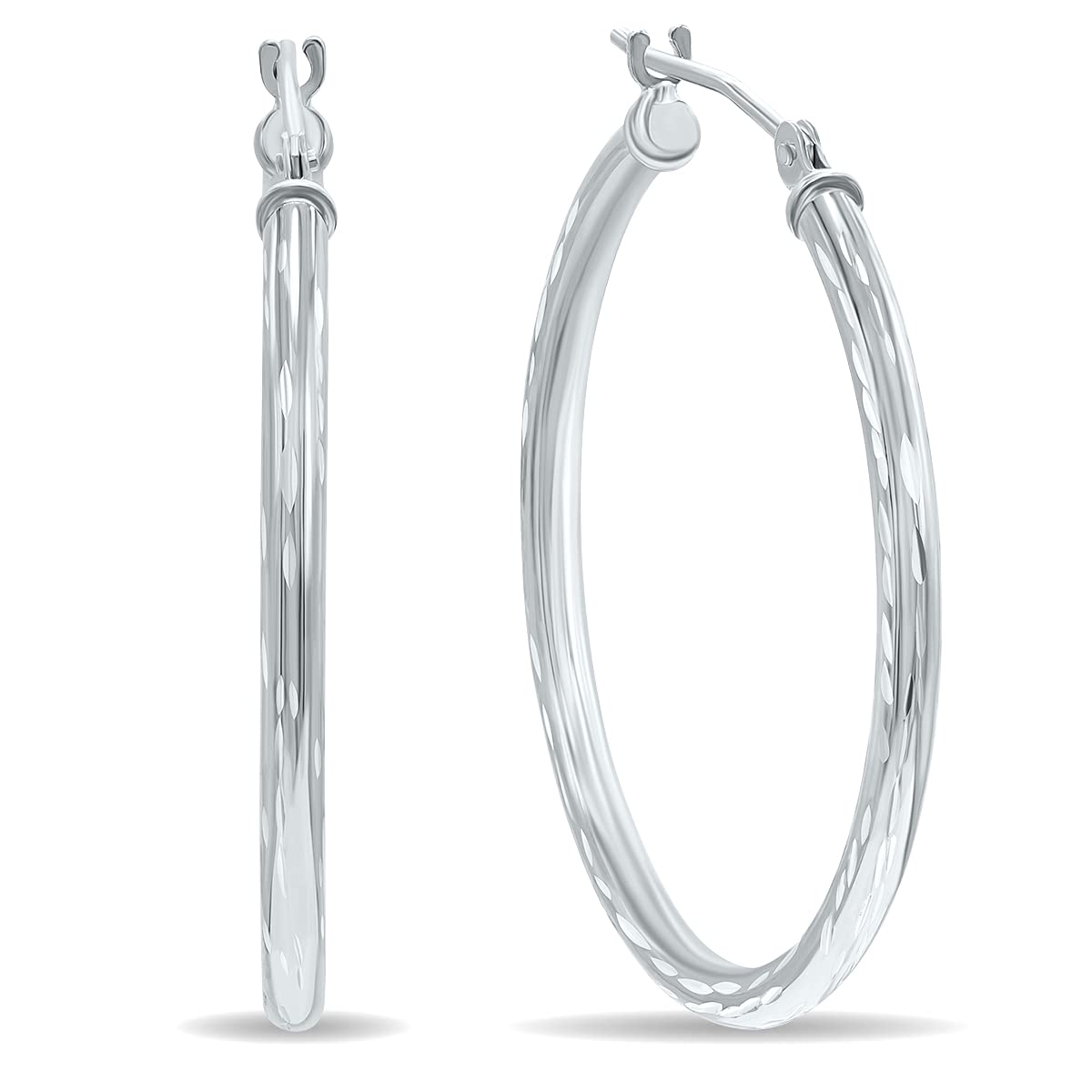 14K White Gold Shiny Diamond Cut Engraved Hoop Earrings (12mm-40mm) - Elegant Dangle Earrings for Women, Perfect for Weddings, Parties & Daily Wear
