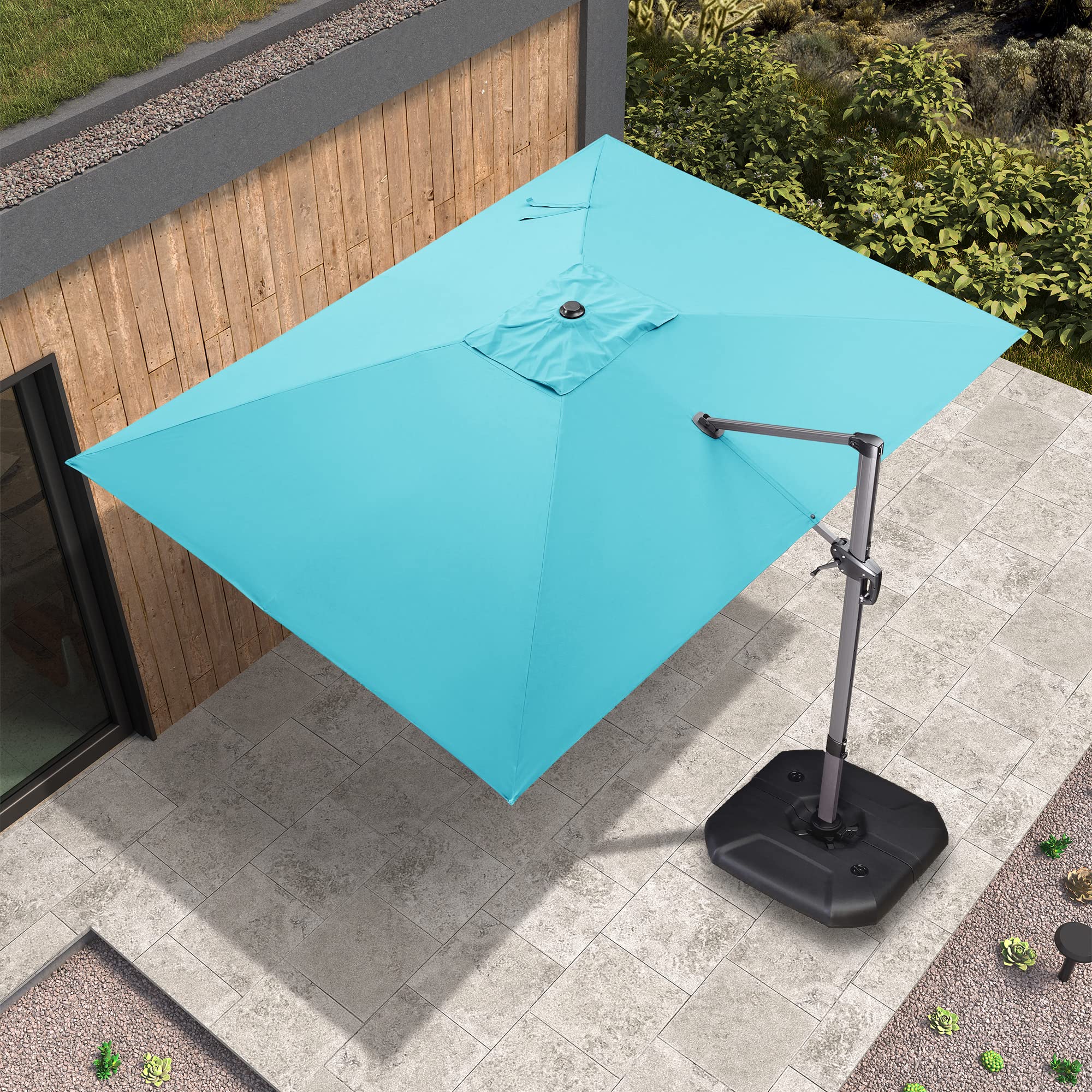 PURPLE LEAF 9' X 11.5' Outdoor Cantilever Patio Umbrella with Base - 360° Rotation Rectangle Offset Umbrella for Garden, Deck, Pool & Backyard - Turquoise Blue Shade Solution