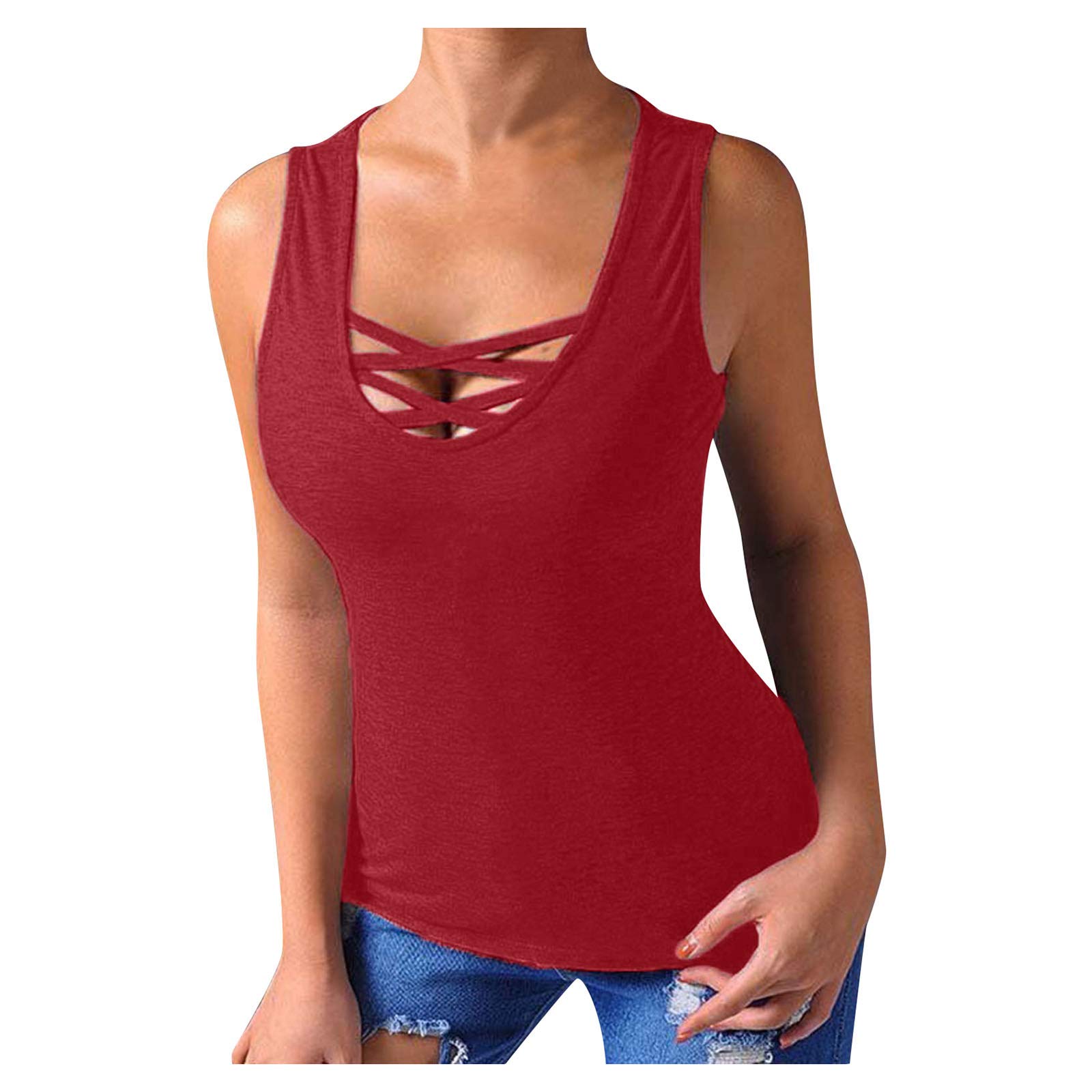Women's Criss Cross Sleeveless Tank Tops - Summer Casual Basic Tee Shirts in Solid Colors - Perfect for Yoga, Gym, Beach & Everyday Wear