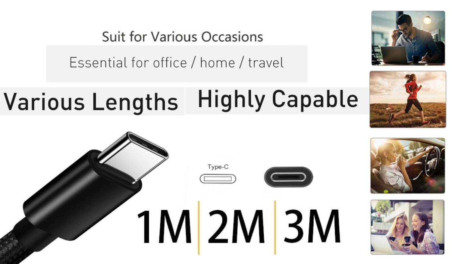 Fast Charging USB C Cable for Nokia G50/G20/G21/G11/G10/X20/X10/6/8/3 - 3.3ft (1m) Black - High-Speed Sync & Charging Cord for Android Phones - Perfect for Home, Office & Travel