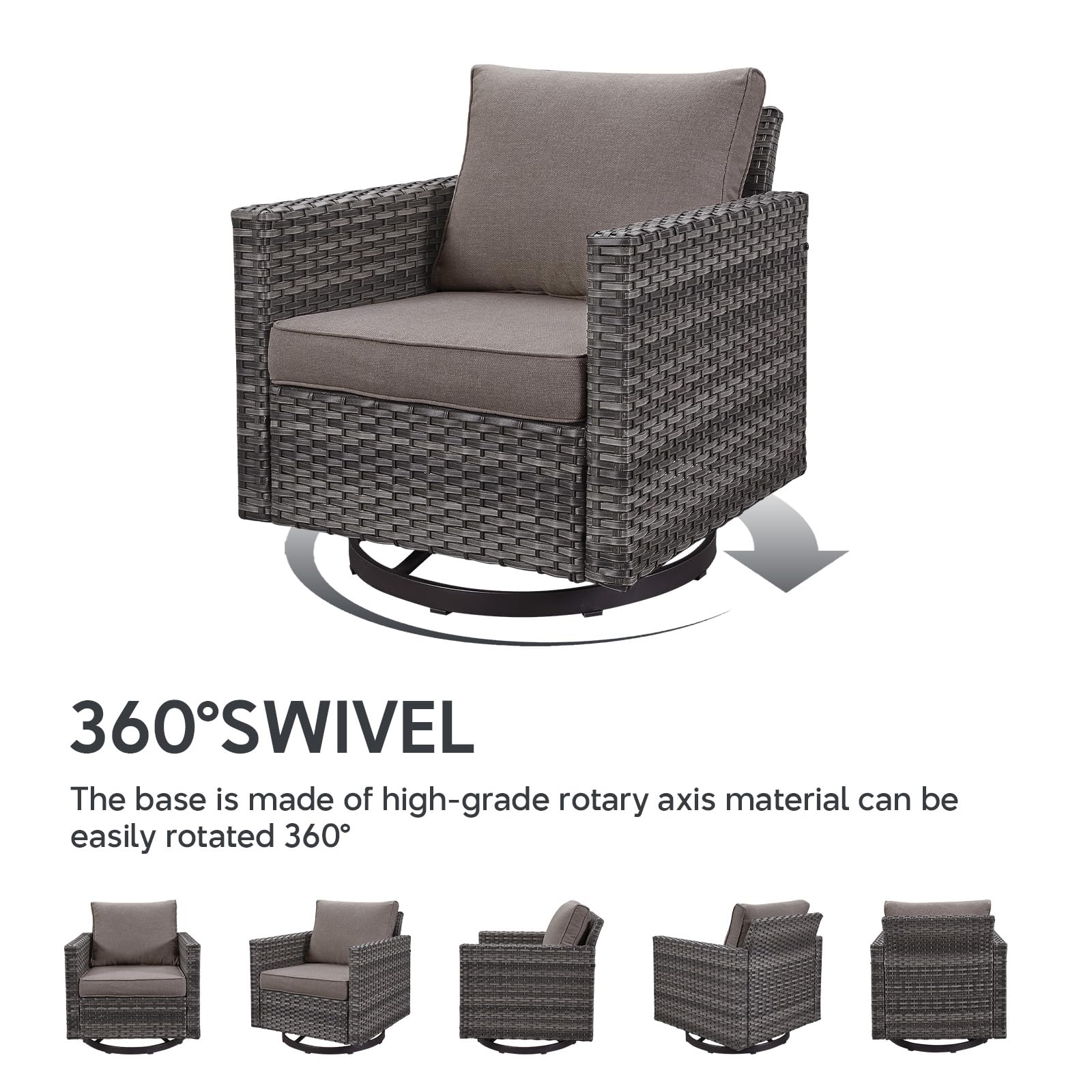 Heavy Duty Wicker Swivel Rocking Chairs Set of 2 - 350LBS Max Load Outdoor Patio Furniture for Porch, Balcony, Deck & Poolside - Grey/Grey - Perfect for Relaxing, Entertaining & Outdoor Lounging
