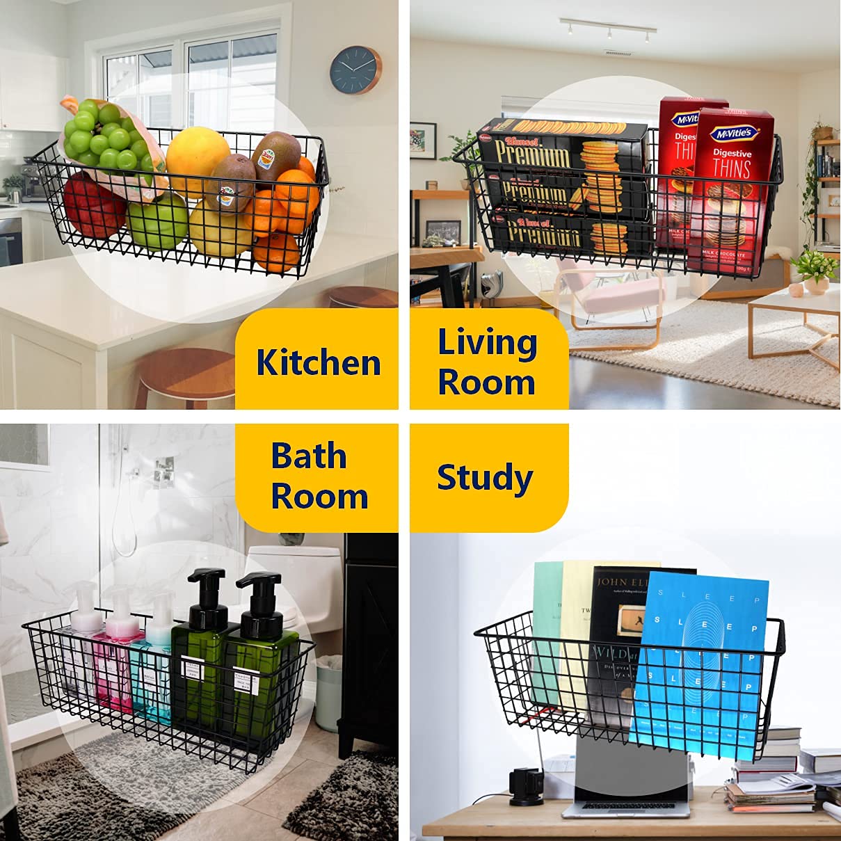 3-Pack Extra Large Hanging Wall Wire Baskets - Rustic Farmhouse Storage for Kitchen Pantry, Laundry Room, Closet & Garage Organization - Perfect for Small Space Storage in Homes, RVs and Dorm Rooms - Black