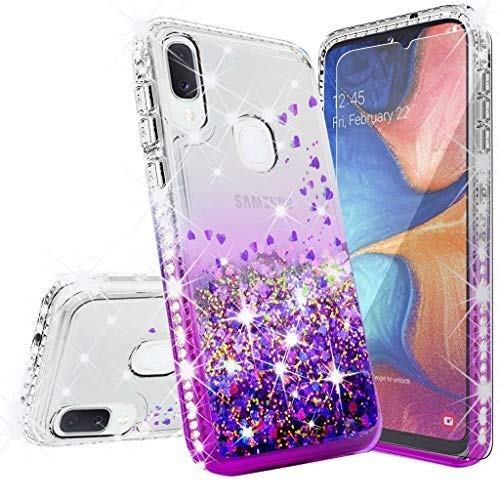 Shockproof Liquid Quicksand Glitter Phone Case with Tempered Glass Screen Protector for Samsung Galaxy A20/A30/A205U - Cute Bling Clear Purple Case for Women & Girls | Perfect for Daily Use, Travel & Protection