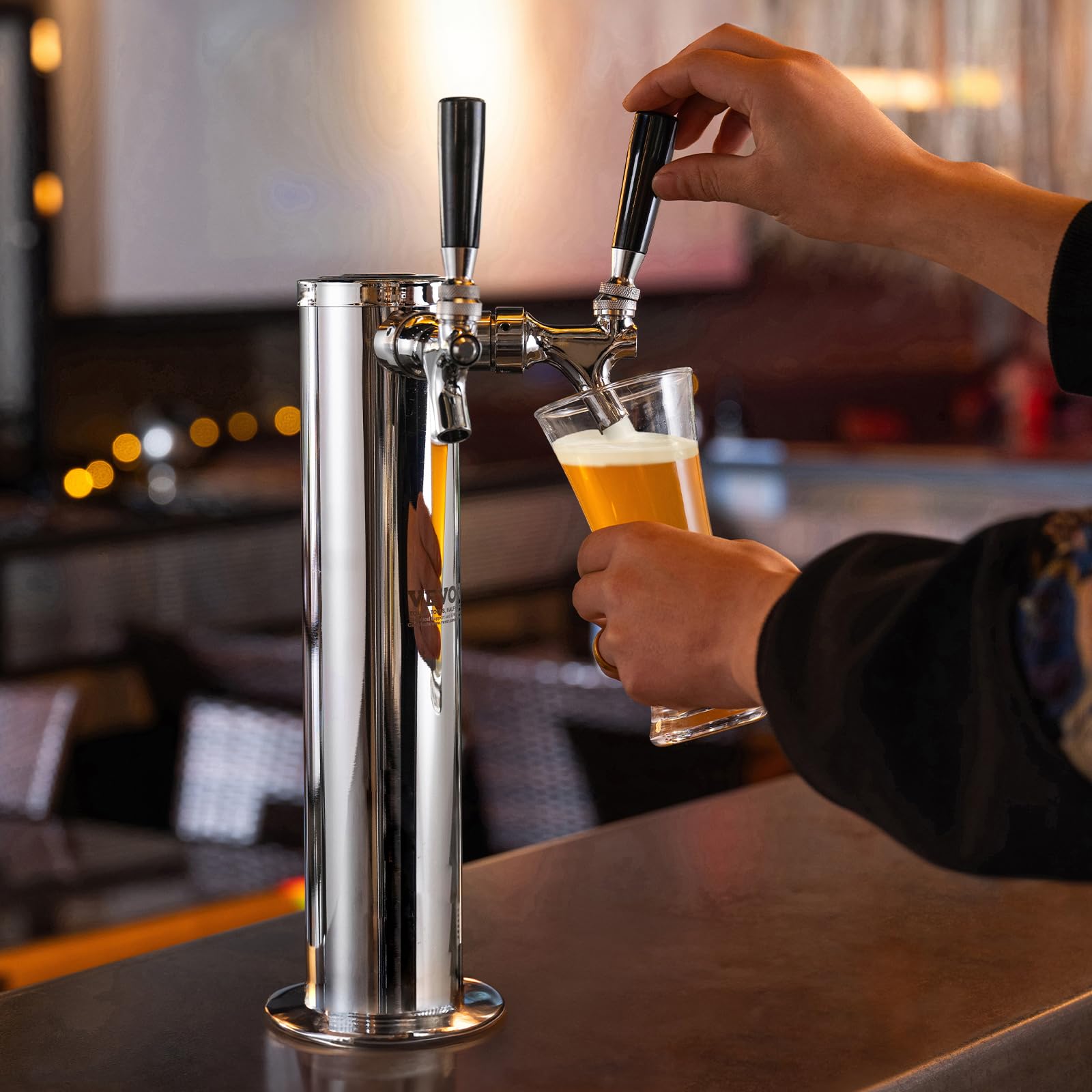 VEVOR Dual Tap Kegerator Tower Kit - Stainless Steel Beer Dispenser with CGA320 Regulator & D-System Coupler for Home Bars, Parties & Commercial Use | Perfect for Draft Beer Serving & Entertaining