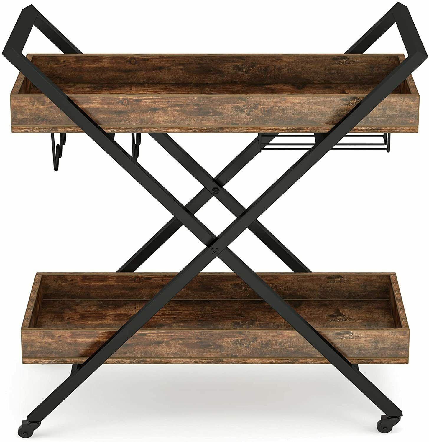 Rustic Kitchen Rolling Cart with Glass & Wine Bottle Holders, Mobile Storage Cart with Wheels, Perfect for Kitchen, Dining Room, or Bar Use