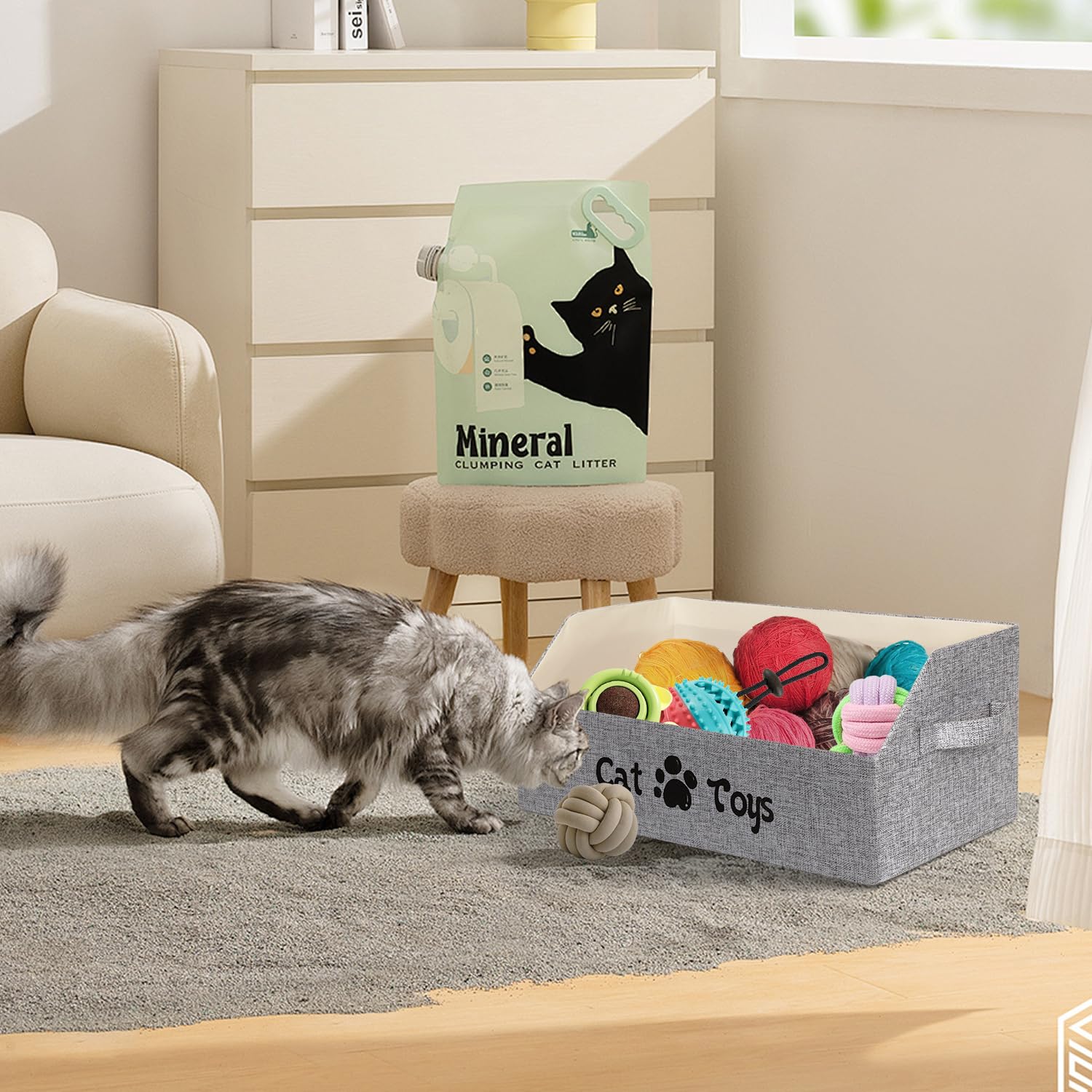19.7 Inch Collapsible Cat Toy Storage Box with Handles - Pet Supplies Organizer for Toys, Clothes & Accessories - Perfect for Dogs & Cats - Gray | Ideal for Home, Living Room & Pet Play Areas