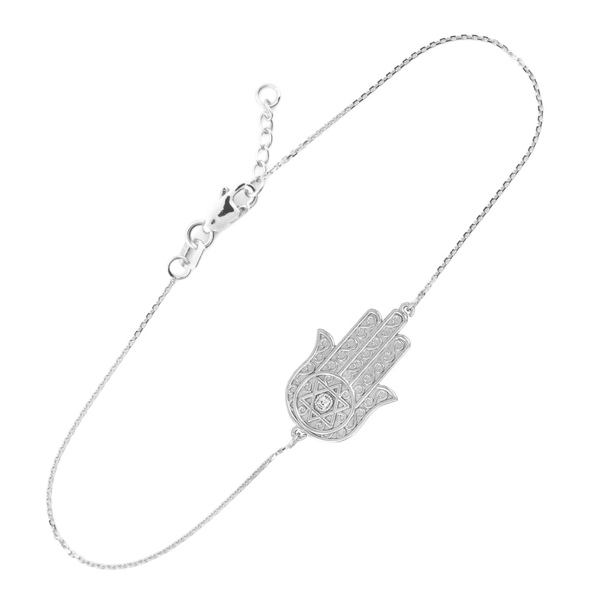 14K White Gold Diamond Star of David & Hamsa Charm Bracelet - Adjustable 7.5