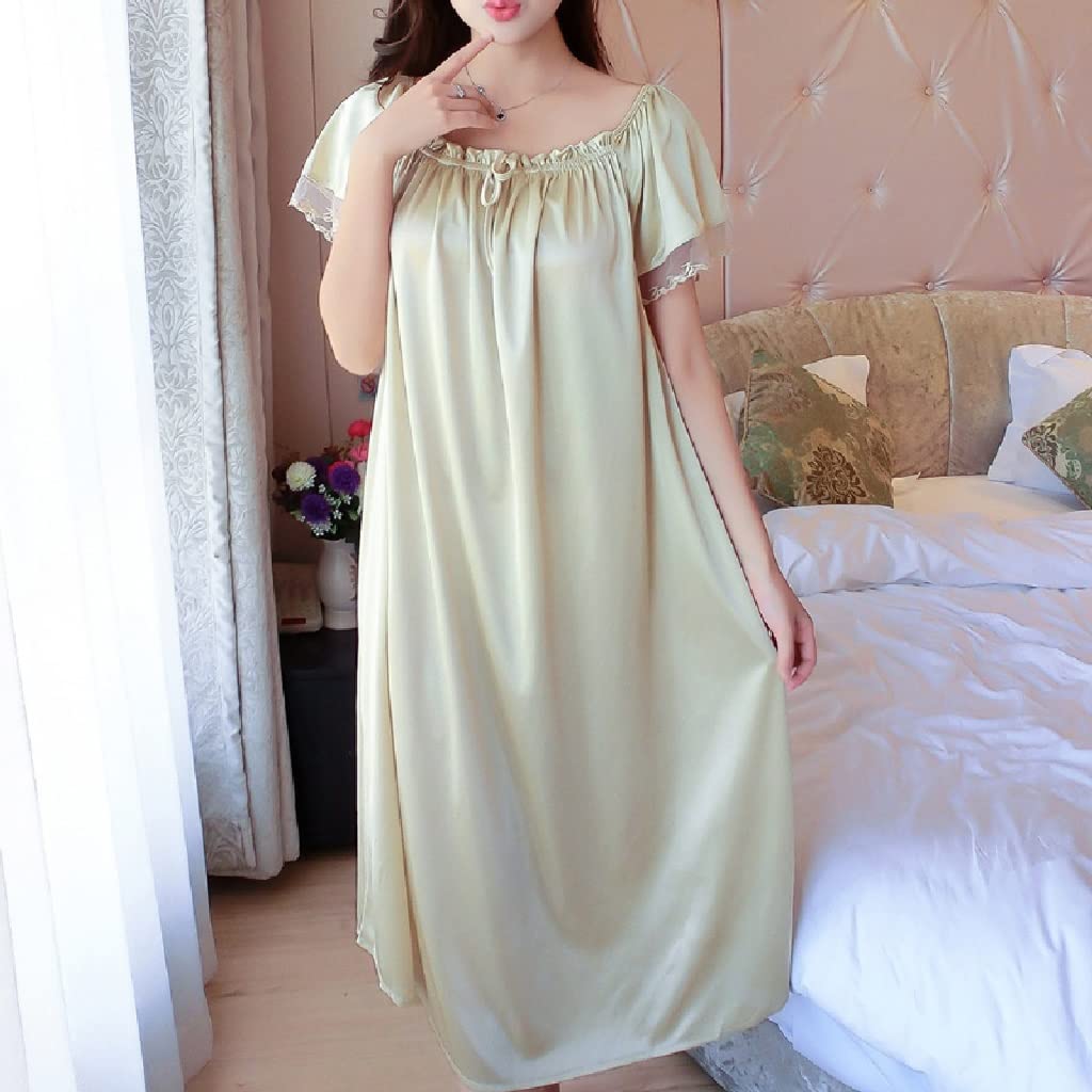 WPYYI Women's Summer Lace Nightgown - Ice Silk Short Sleeve Loose Nightdress for Plus Size (XL) - Soft & Breathable Sleepwear for Hot Nights, Perfect for Home, Vacation & Maternity Wear (Color A, One Size)