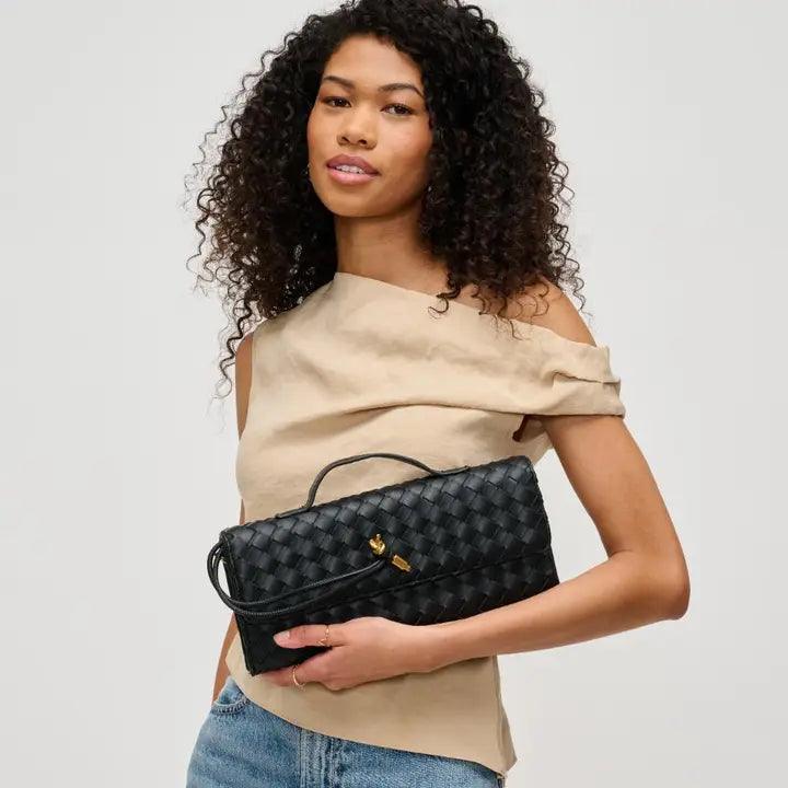 Ada Top Handle Woven East West Clutch Crossbody Bag in Black - Perfect for Evening Parties, Weddings & Date Nights