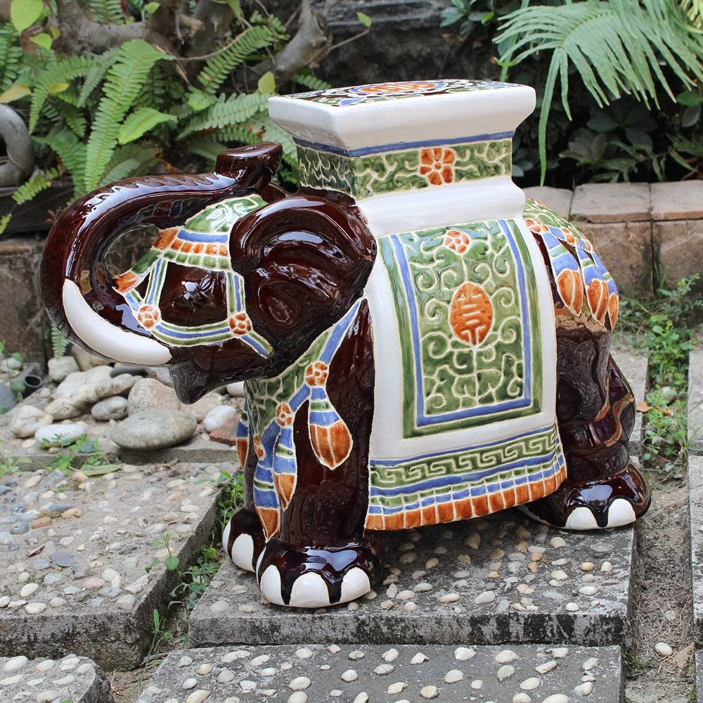 Large Porcelain Elephant Stool - Handcrafted Decorative Furniture Piece for Home & Garden - Perfect for Living Room, Patio, or Boho Decor